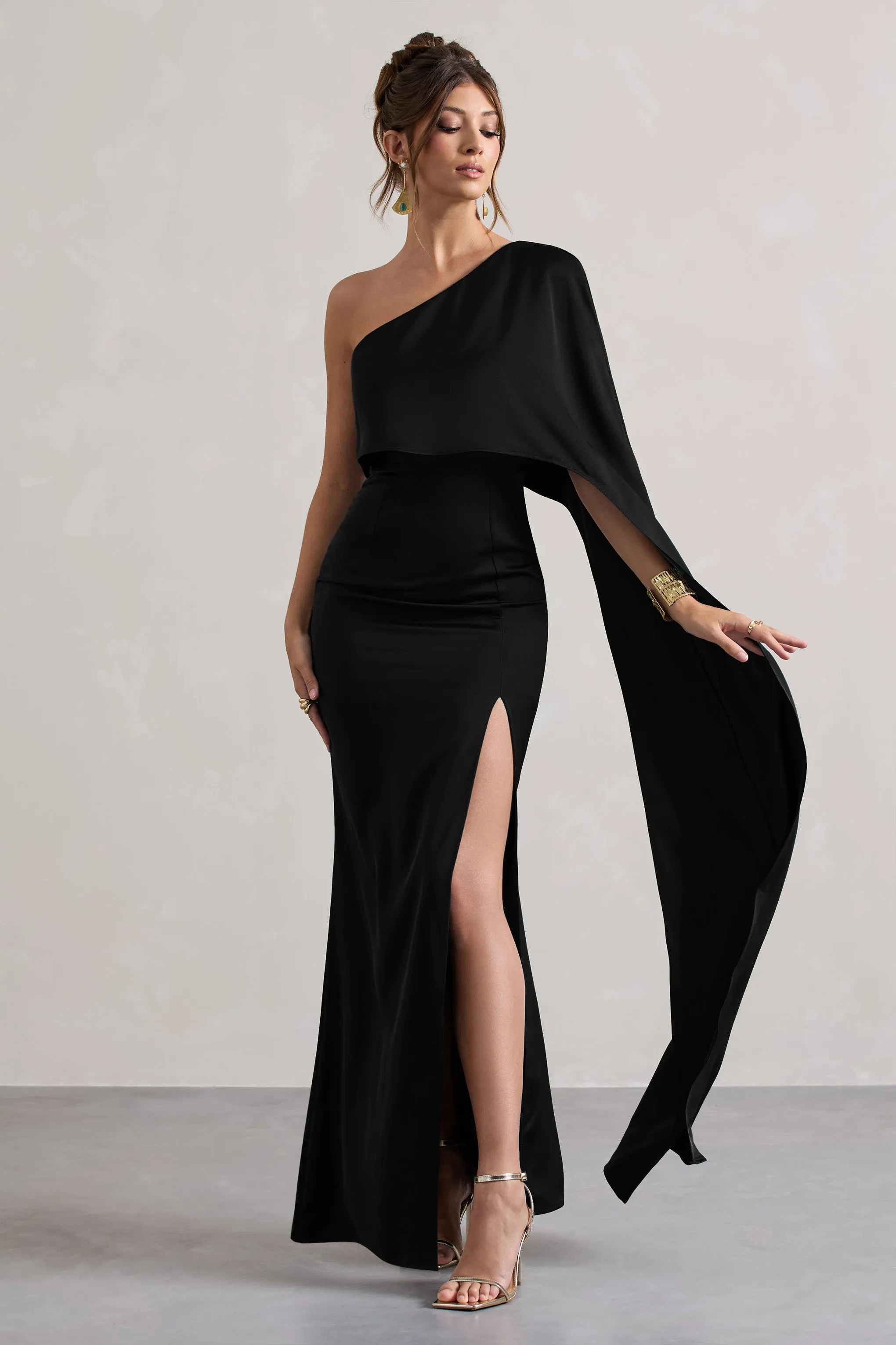 Amora | Black Satin Asymmetric Cape-Sleeve Split Maxi Dress Club L London