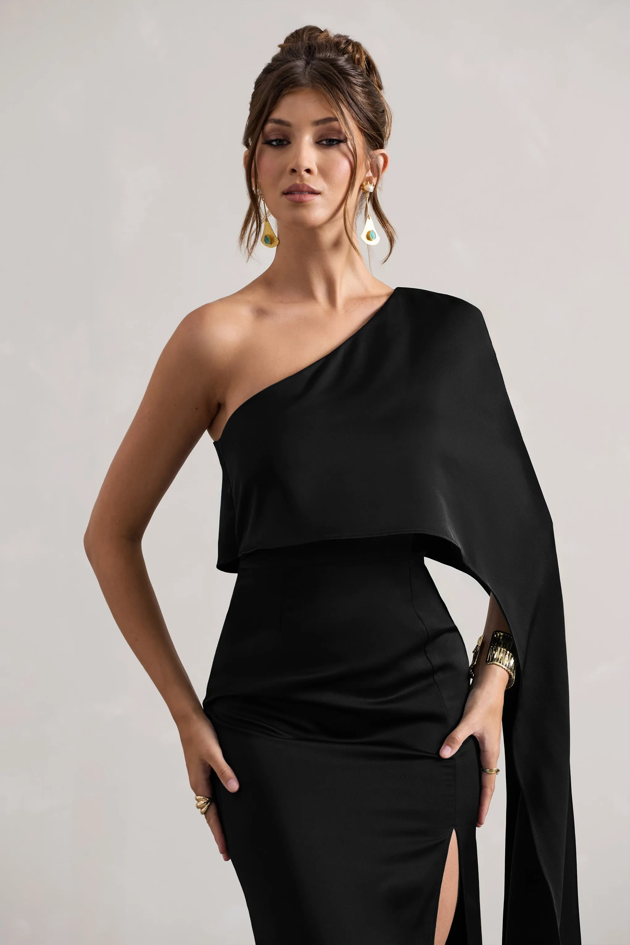 Amora | Black Satin Asymmetric Cape-Sleeve Split Maxi Dress Club L London