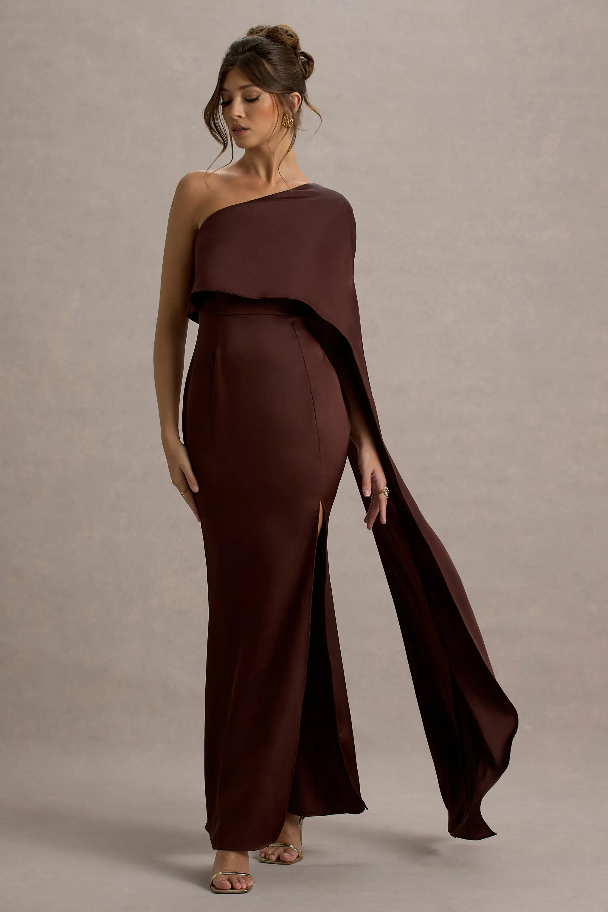 Amora | Brown Satin Asymmetric Cape-Sleeve Split Maxi Dress Club L London