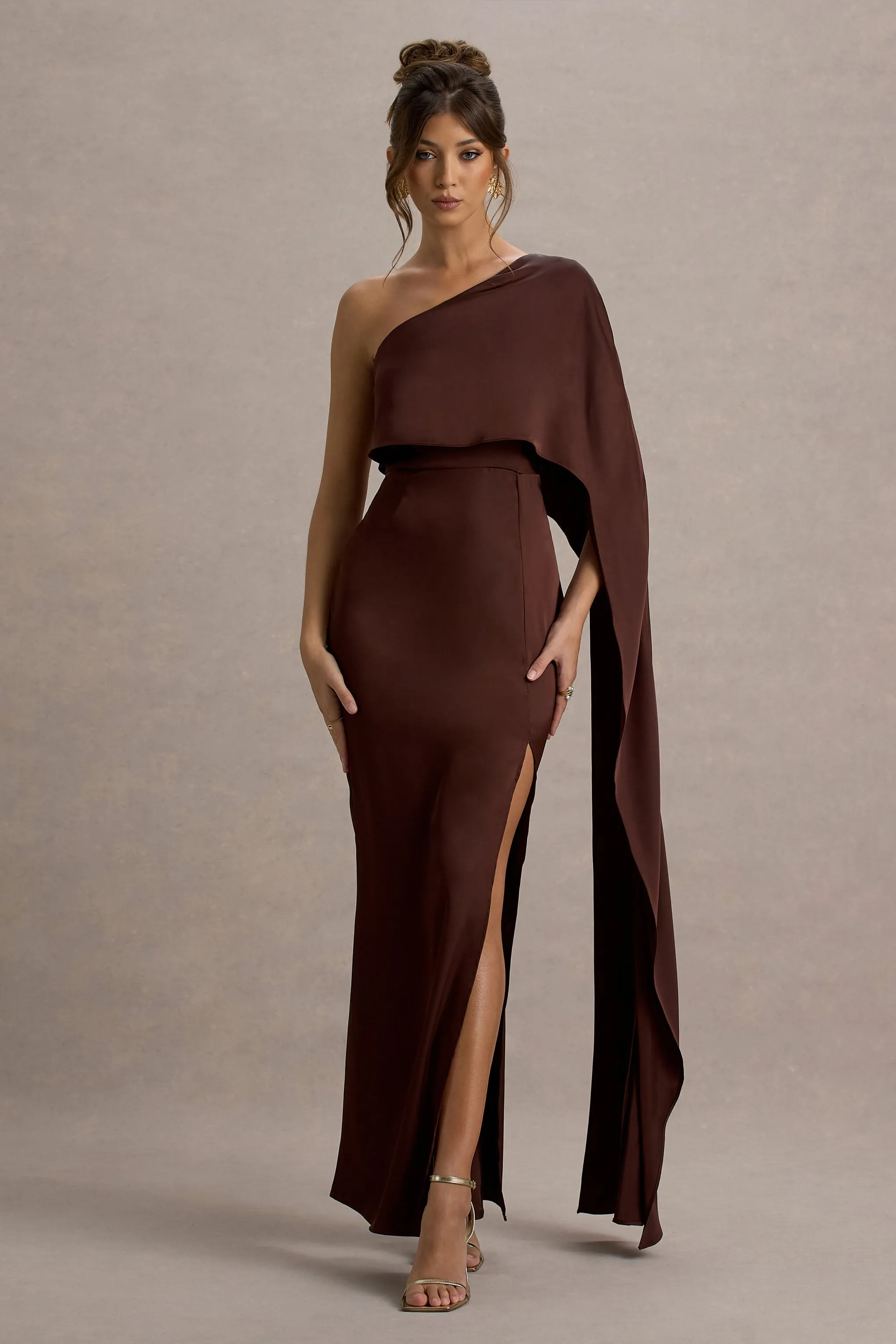 Amora | Brown Satin Asymmetric Cape-Sleeve Split Maxi Dress Club L London