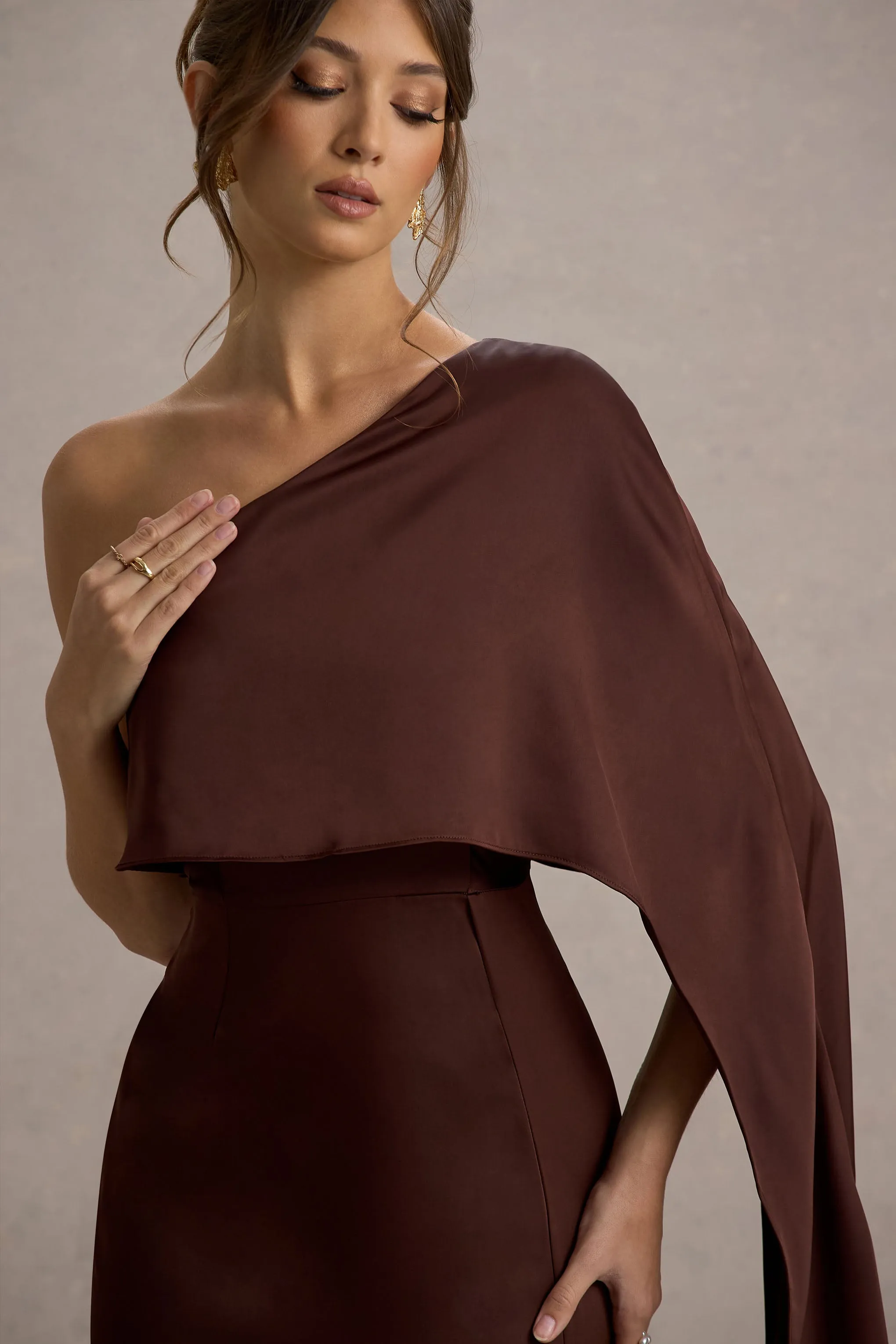 Amora | Brown Satin Asymmetric Cape-Sleeve Split Maxi Dress Club L London