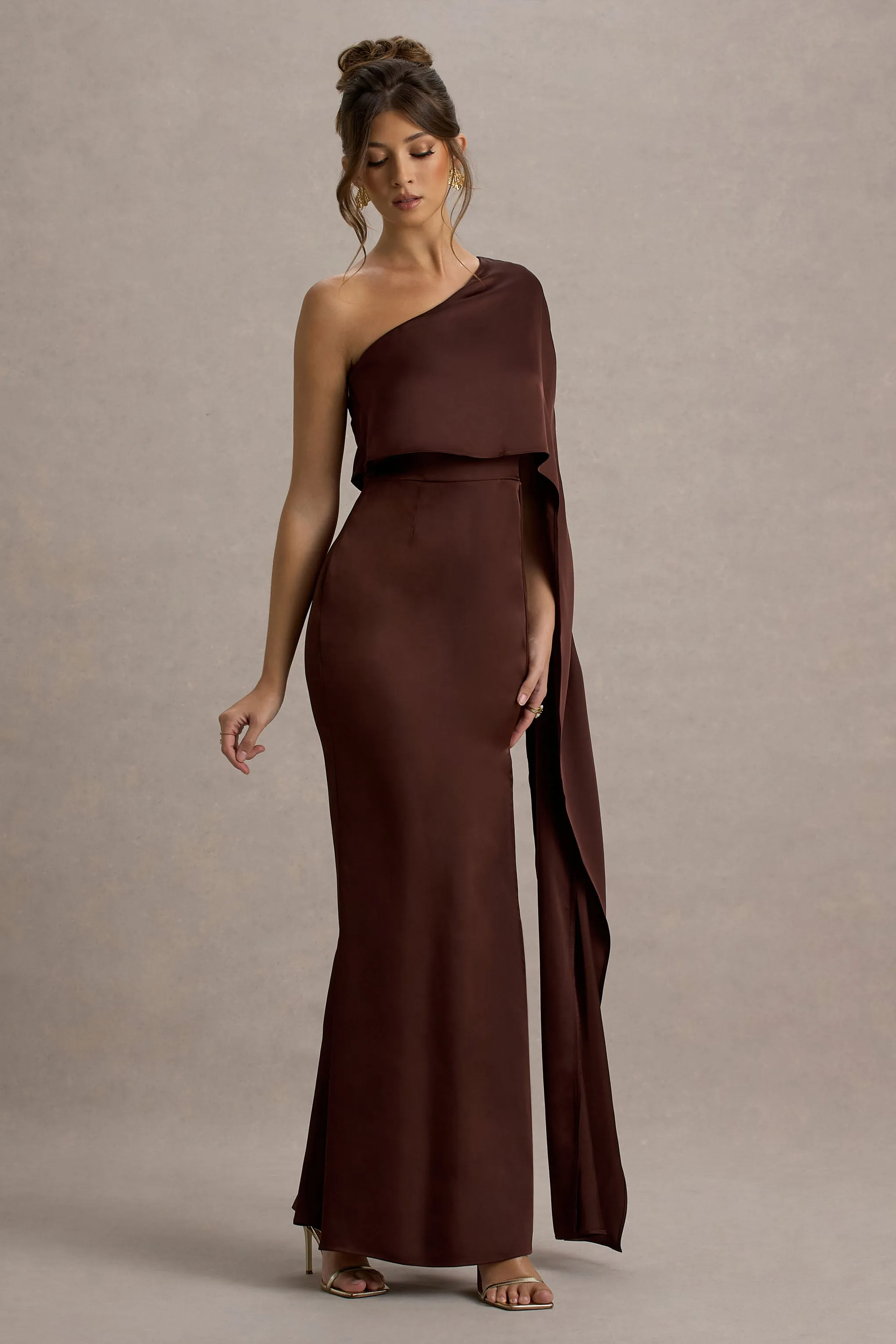 Amora | Brown Satin Asymmetric Cape-Sleeve Split Maxi Dress Club L London