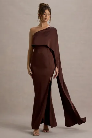 Amora | Brown Satin Asymmetric Cape-Sleeve Split Maxi Dress Club L London