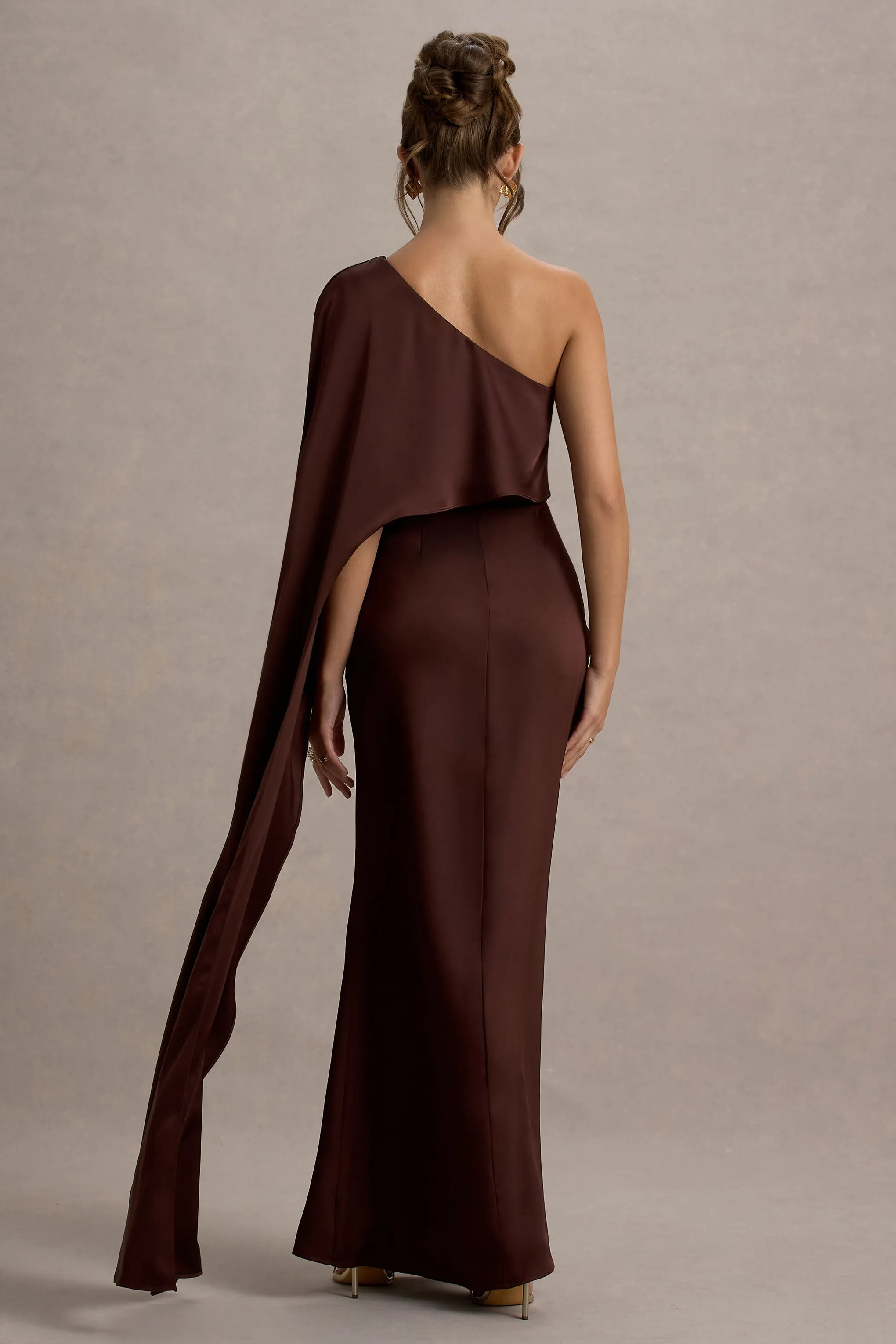 Amora | Brown Satin Asymmetric Cape-Sleeve Split Maxi Dress Club L London
