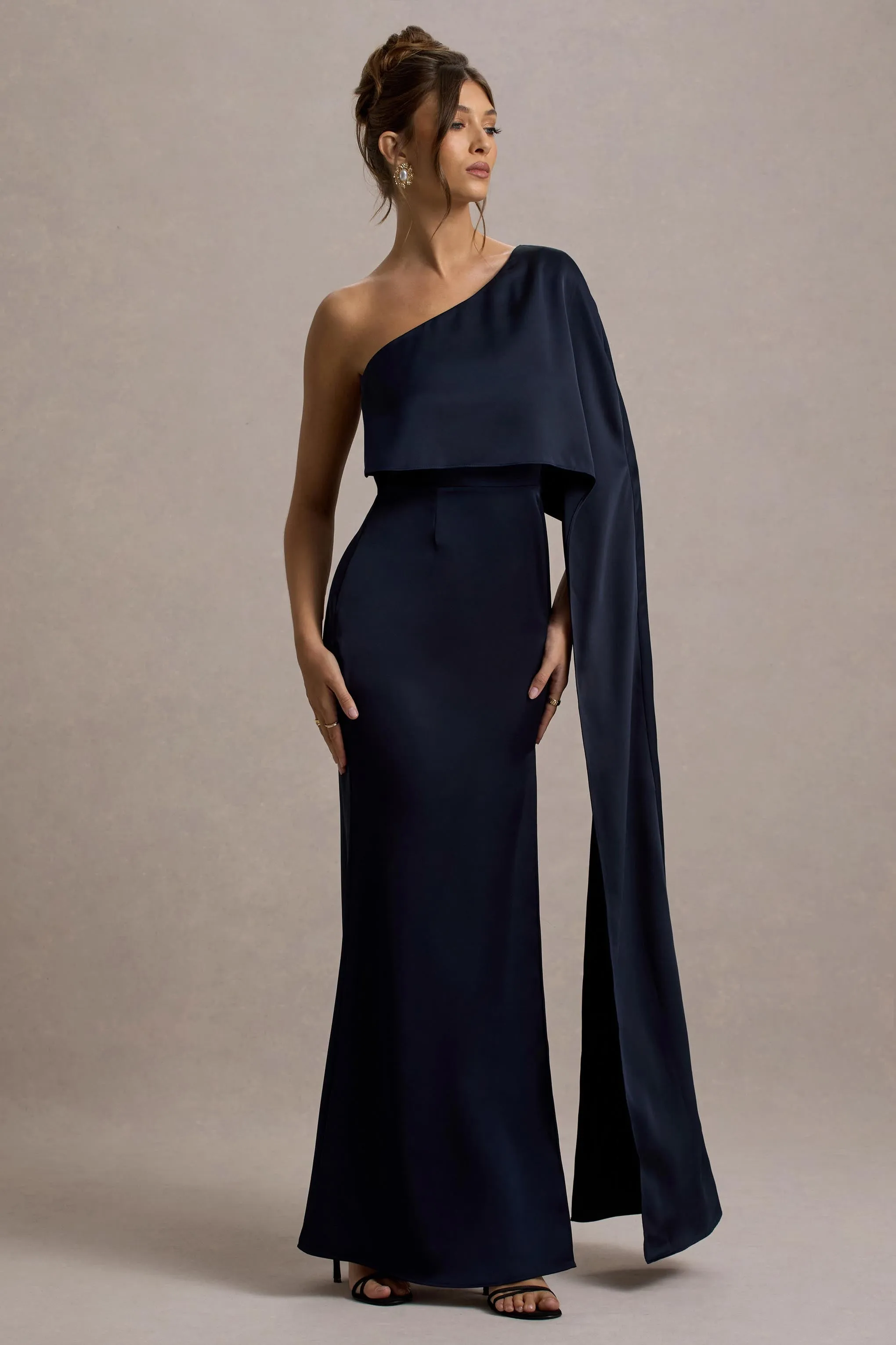 Amora | Navy Satin Asymmetric Cape-Sleeve Split Maxi Dress Club L London