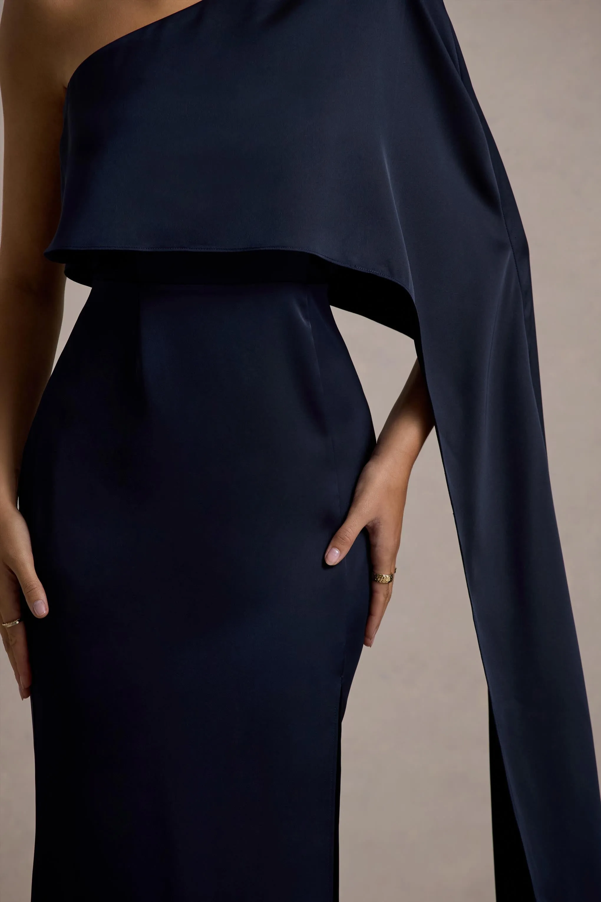 Amora | Navy Satin Asymmetric Cape-Sleeve Split Maxi Dress Club L London