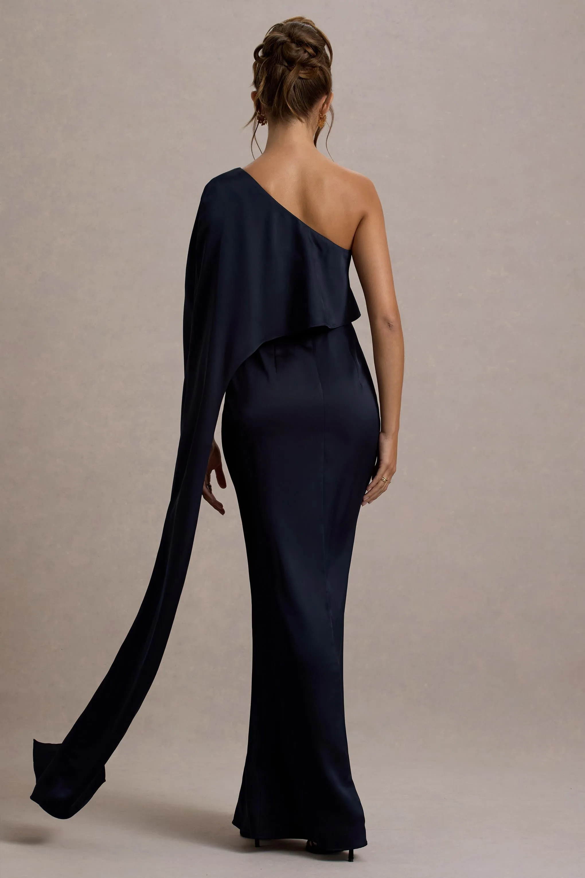 Amora | Navy Satin Asymmetric Cape-Sleeve Split Maxi Dress Club L London