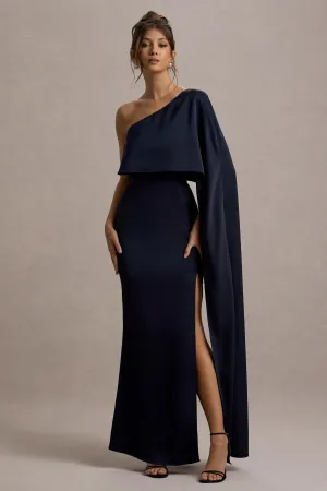 Amora | Navy Satin Asymmetric Cape-Sleeve Split Maxi Dress Club L London
