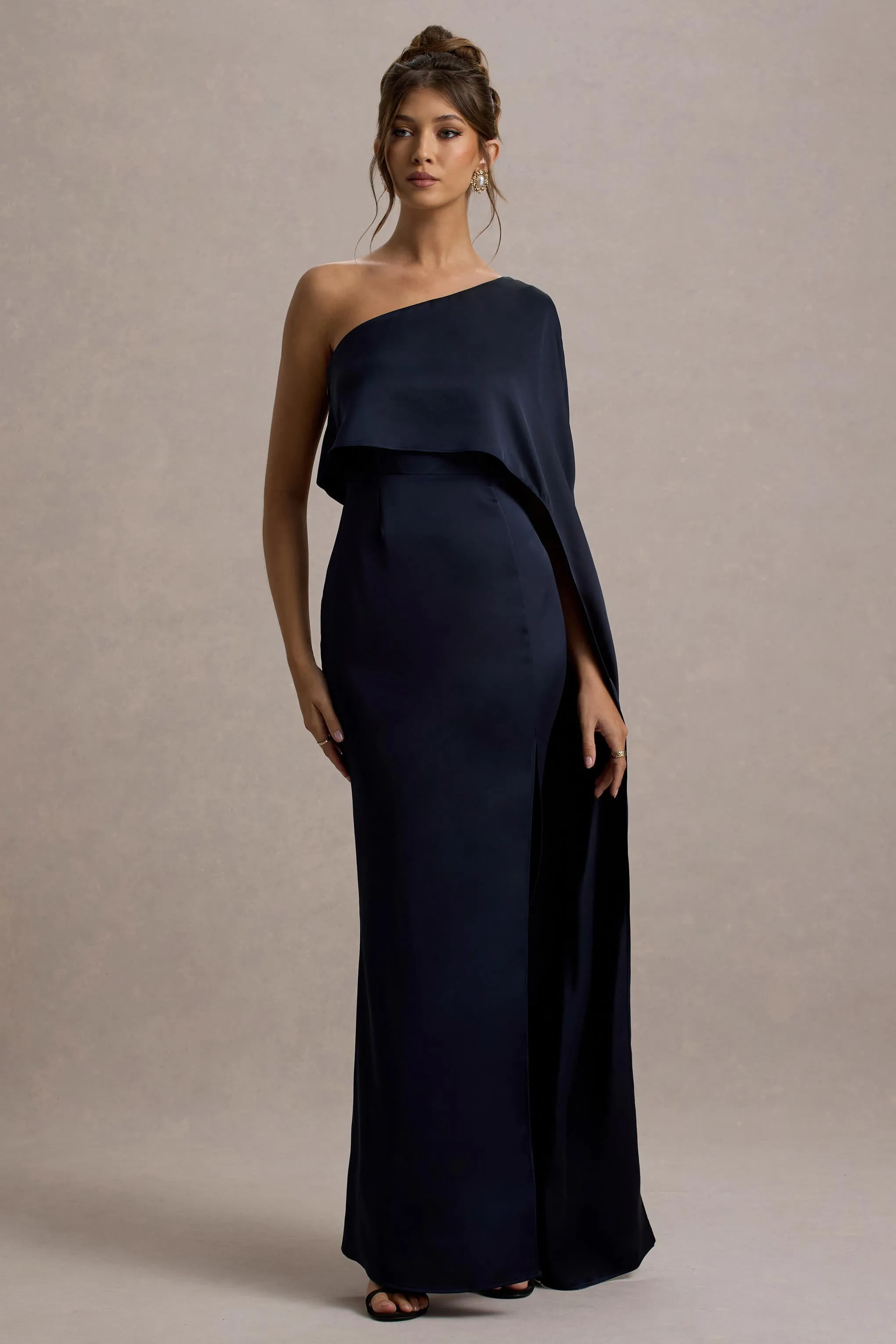 Amora | Navy Satin Asymmetric Cape-Sleeve Split Maxi Dress Club L London