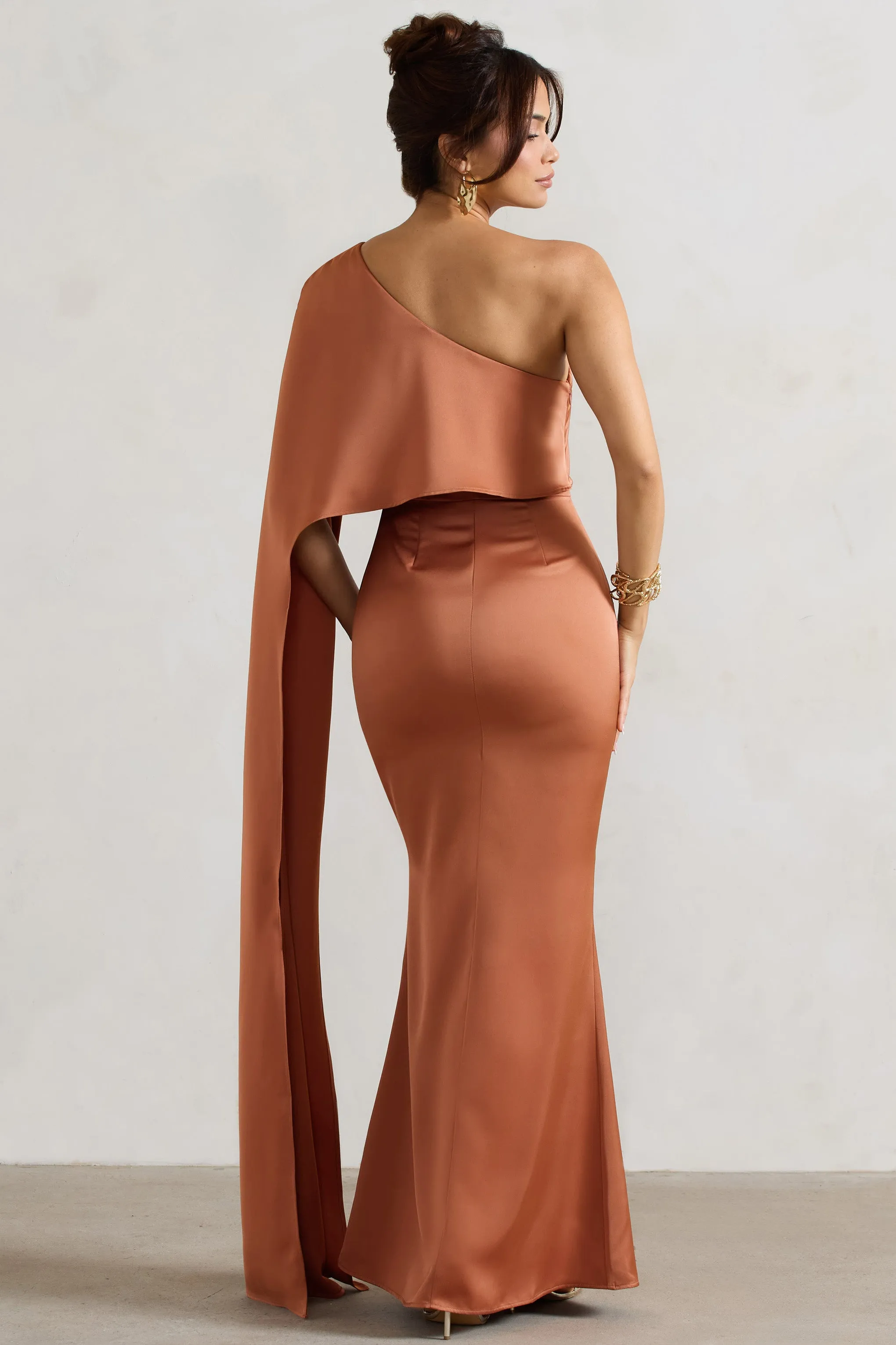 Amora | Rust Satin Asymmetric Cape-Sleeve Split Maxi Dress Club L London