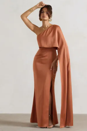 Amora | Rust Satin Asymmetric Cape-Sleeve Split Maxi Dress Club L London