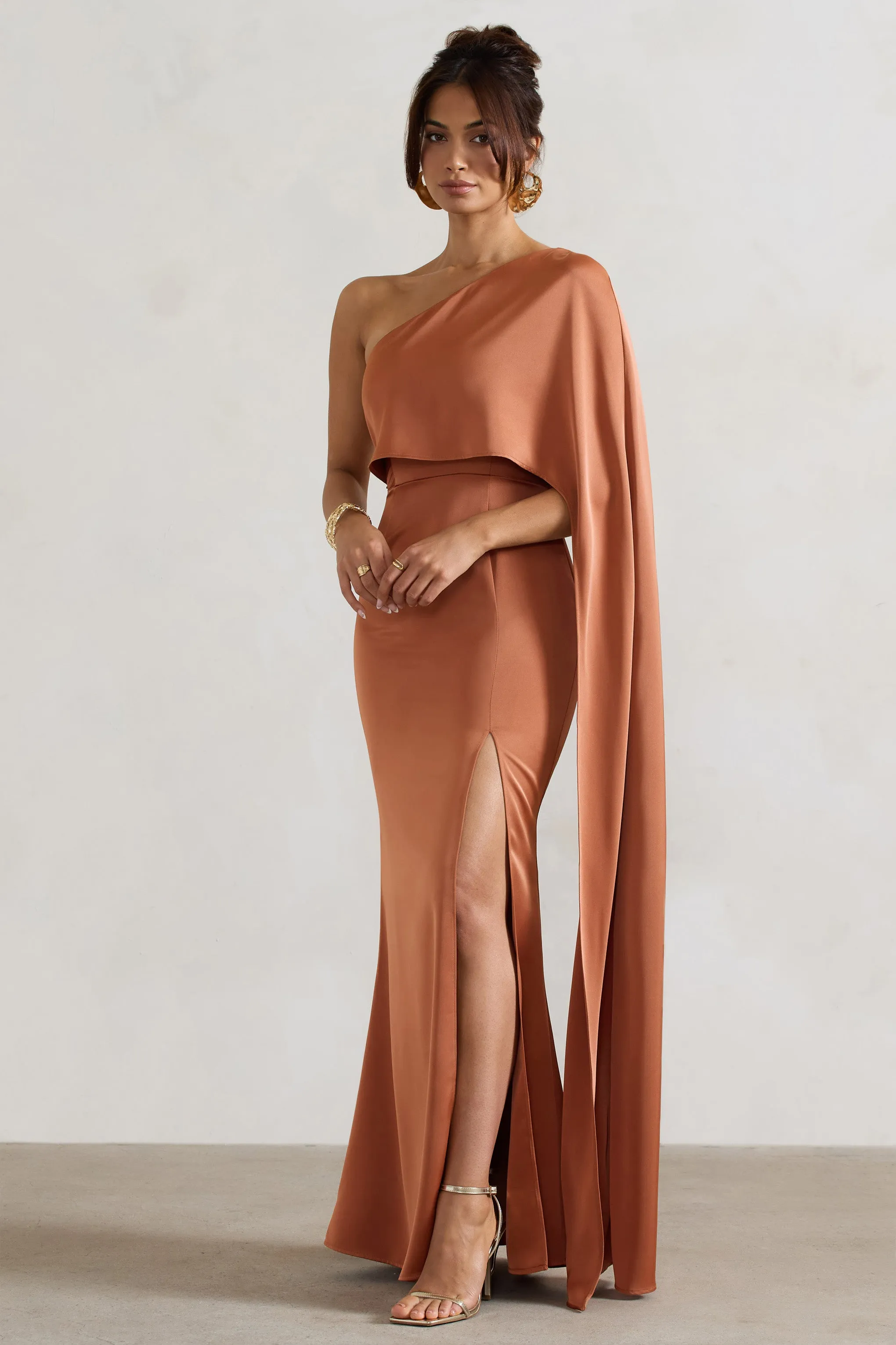 Amora | Rust Satin Asymmetric Cape-Sleeve Split Maxi Dress Club L London