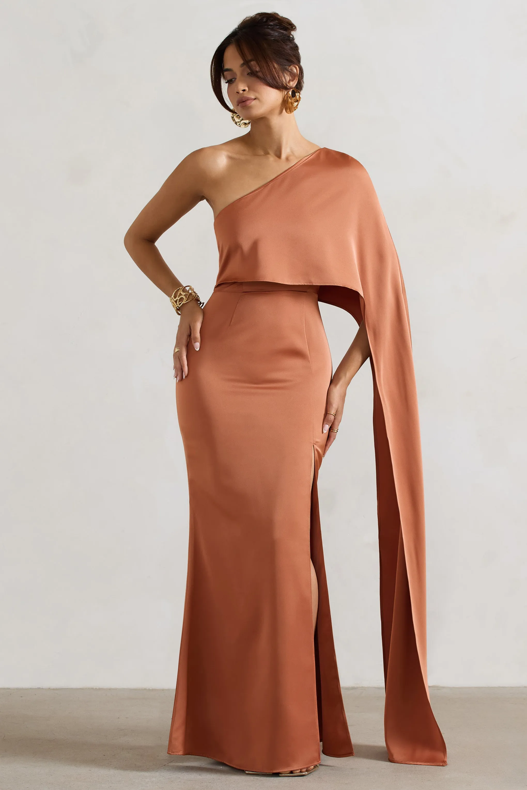 Amora | Rust Satin Asymmetric Cape-Sleeve Split Maxi Dress Club L London