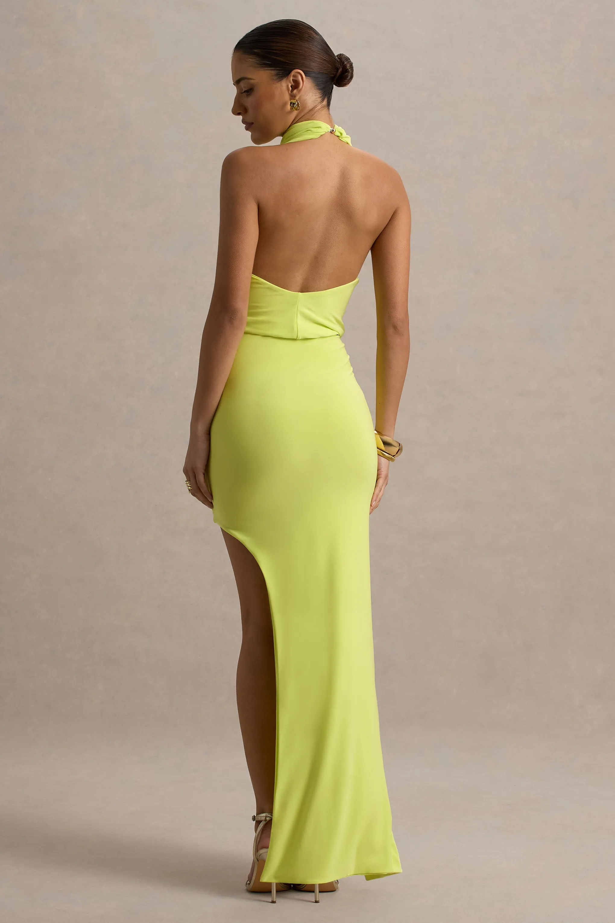 Amphitrite | Lime Green High-Neck Ruched Maxi Dress With Wrap Skirt Club L London