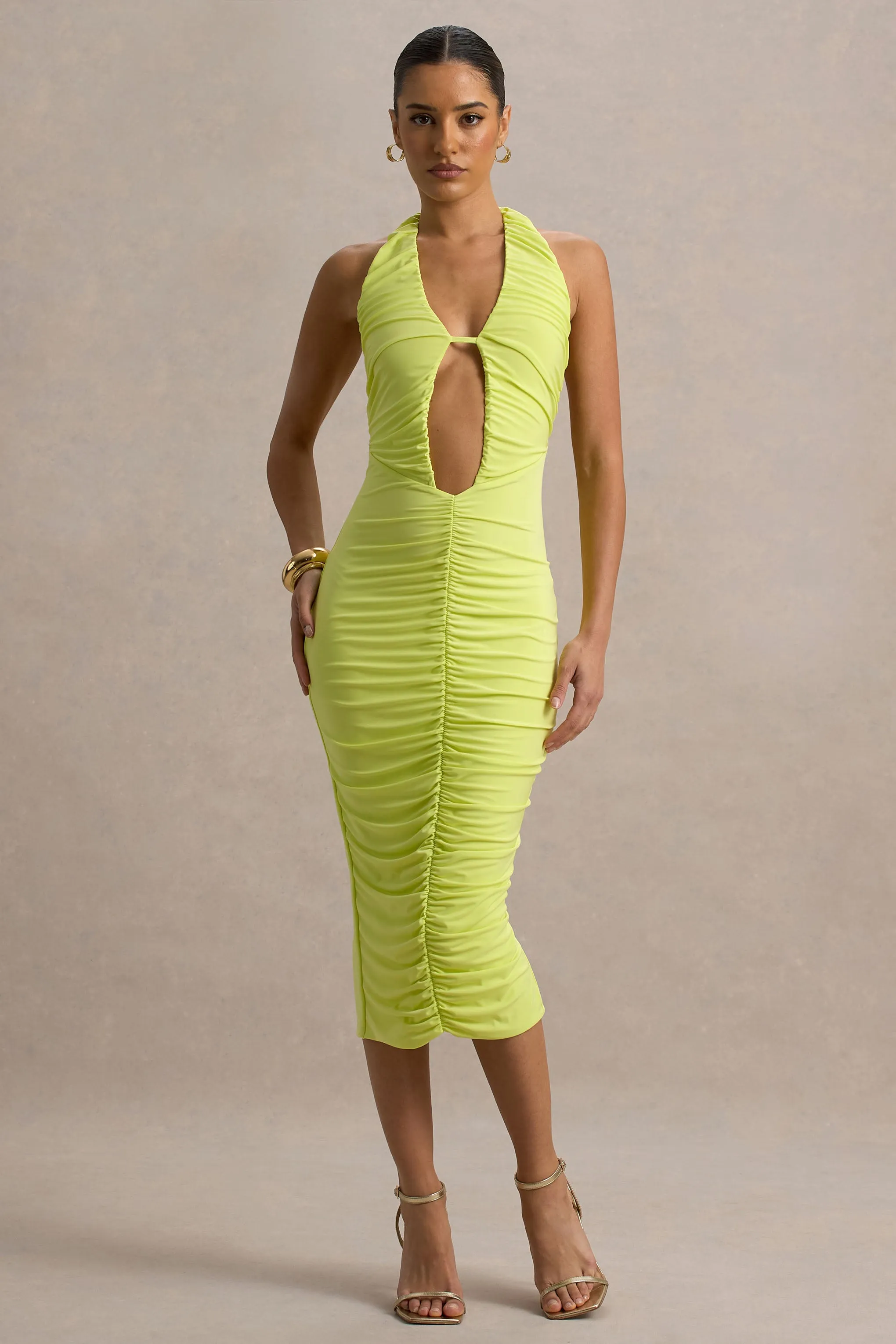 Anaisa | Lime Green Plunge Halter-Neck Midi Dress Club L London