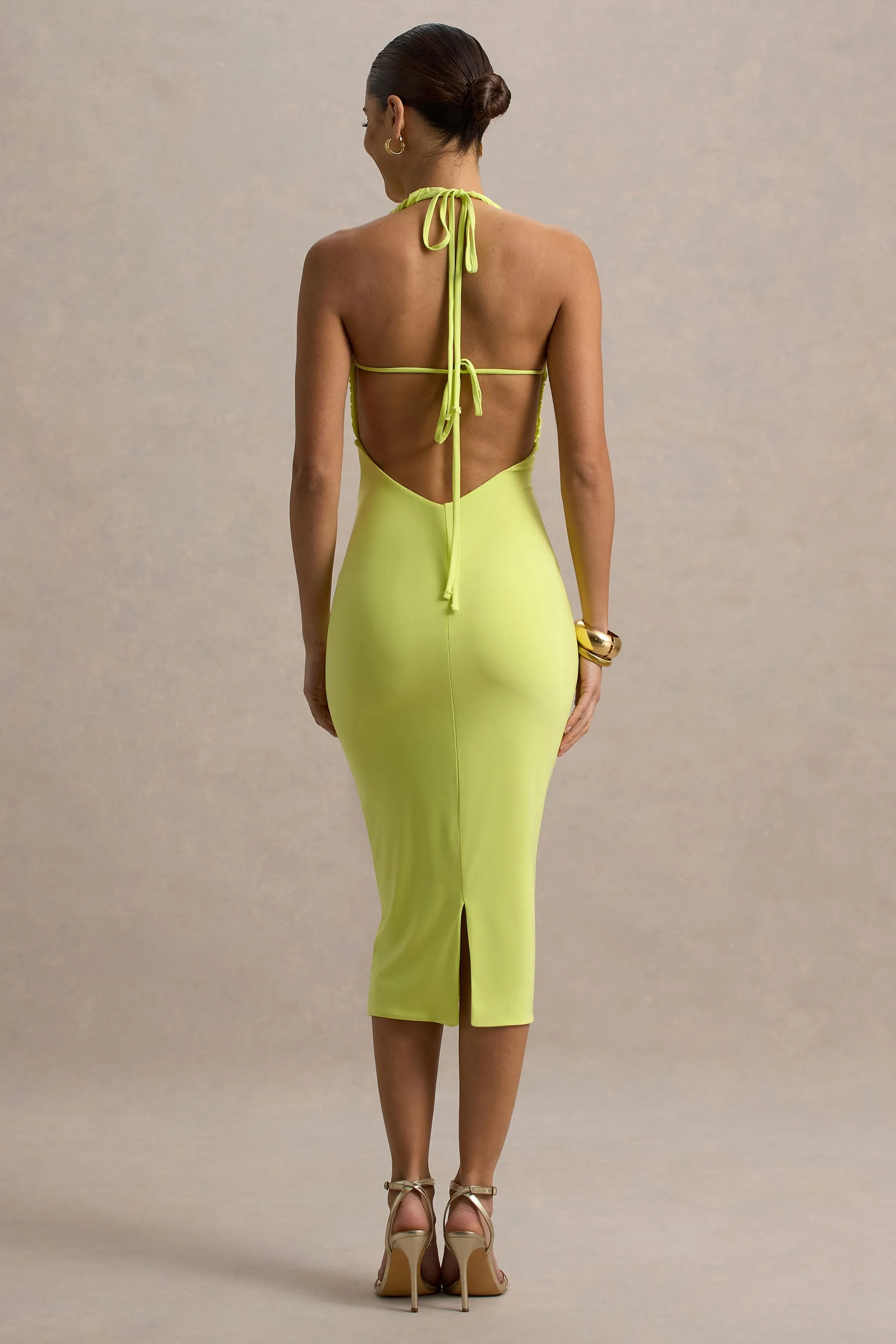 Anaisa | Lime Green Plunge Halter-Neck Midi Dress Club L London