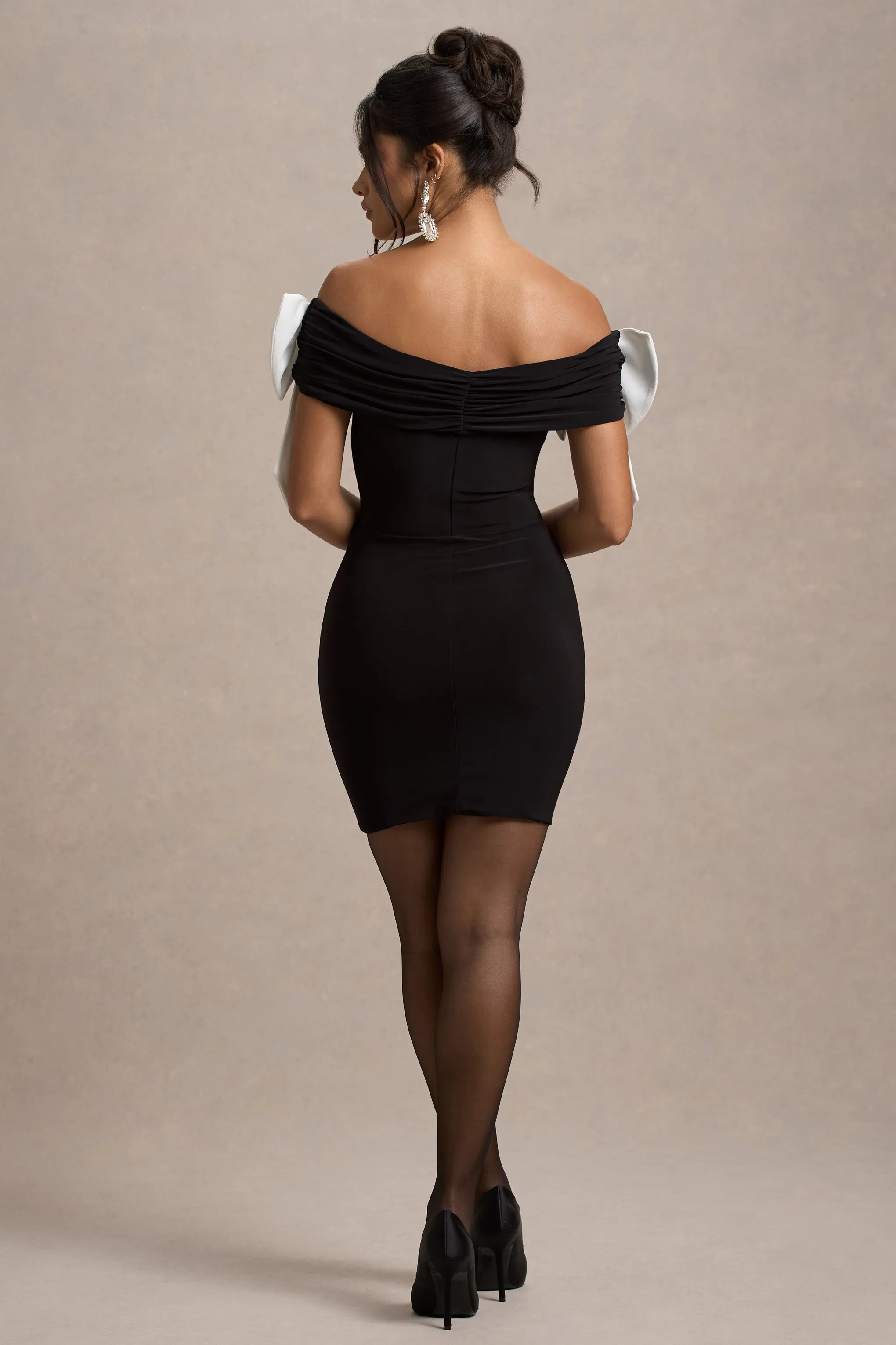 Analeigh | Black Bardot Mini Dress With Bows Club L London