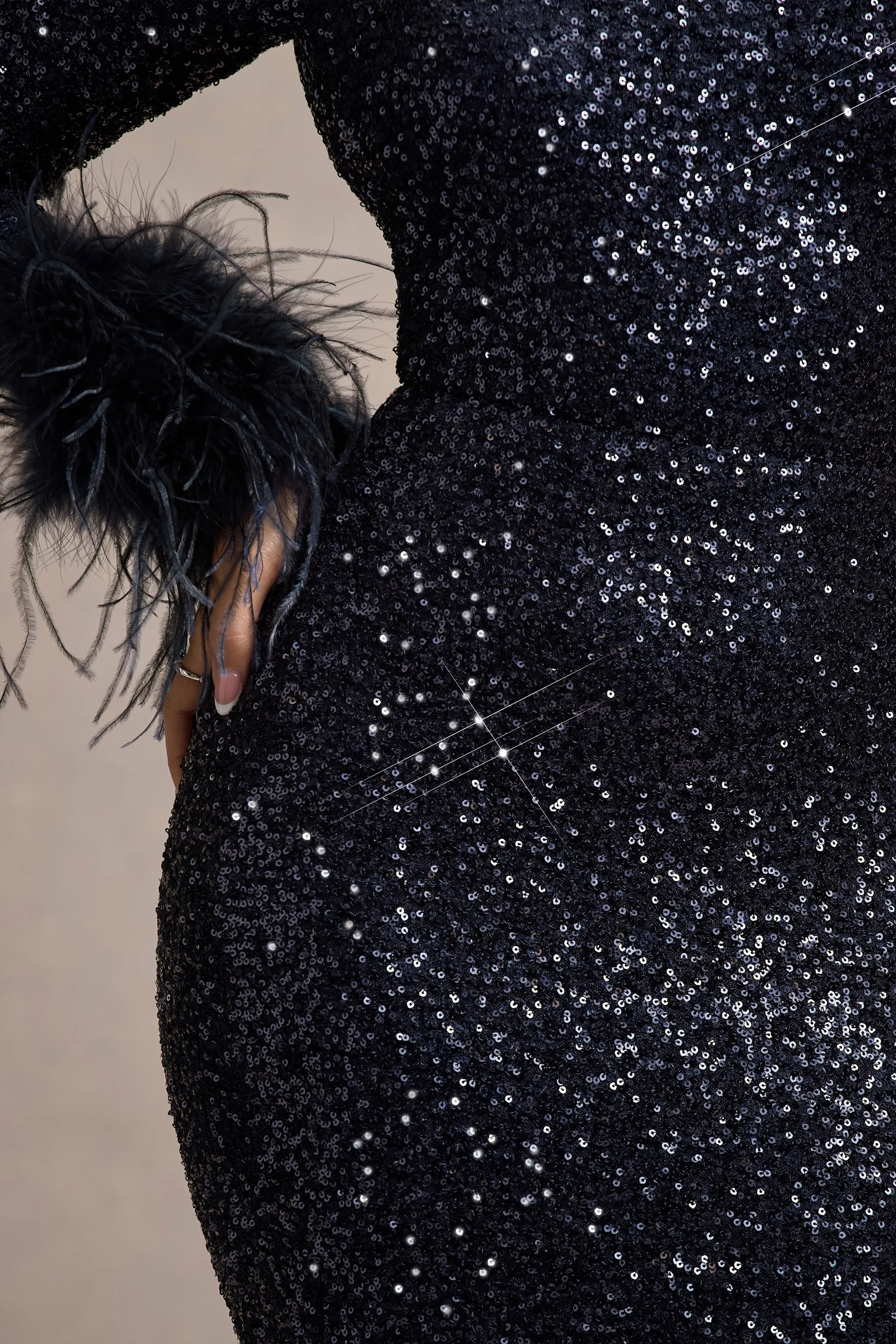 Analina | Navy Sequin Long-Sleeved Midi Dress With Feather Cuffs Club L London