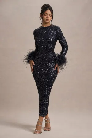 Analina | Navy Sequin Long-Sleeved Midi Dress With Feather Cuffs Club L London