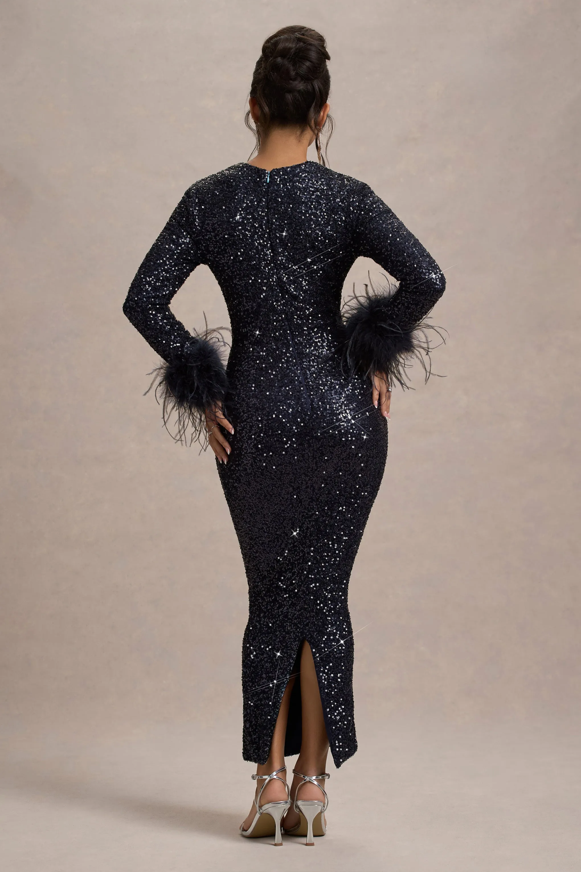 Analina | Navy Sequin Long-Sleeved Midi Dress With Feather Cuffs Club L London