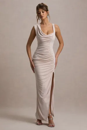 Analissa | Champagne Asymmetric Draped Maxi Dress With Split Club L London
