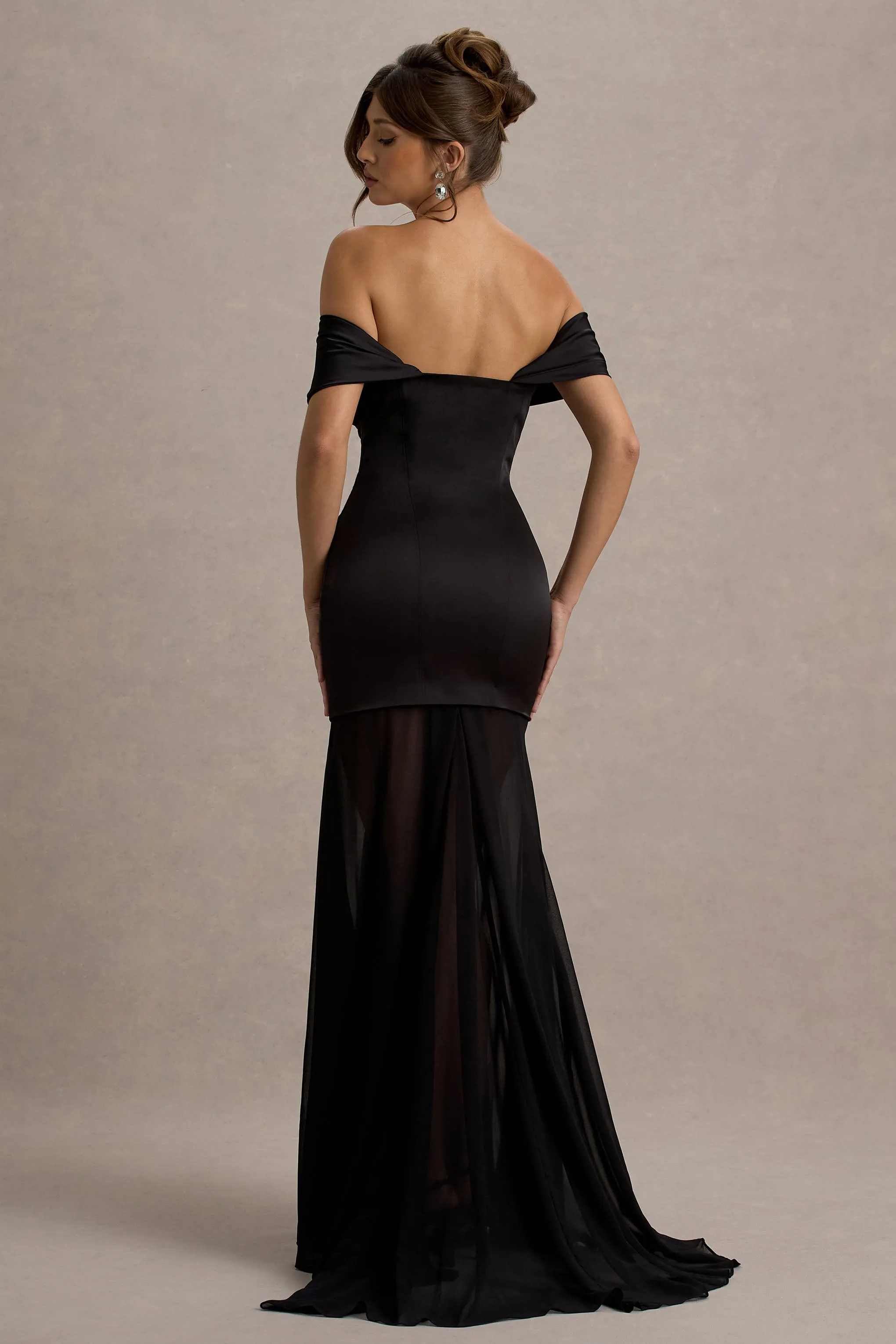 Anders | Black Satin Bardot Maxi Dress With Sheer Skirt Club L London
