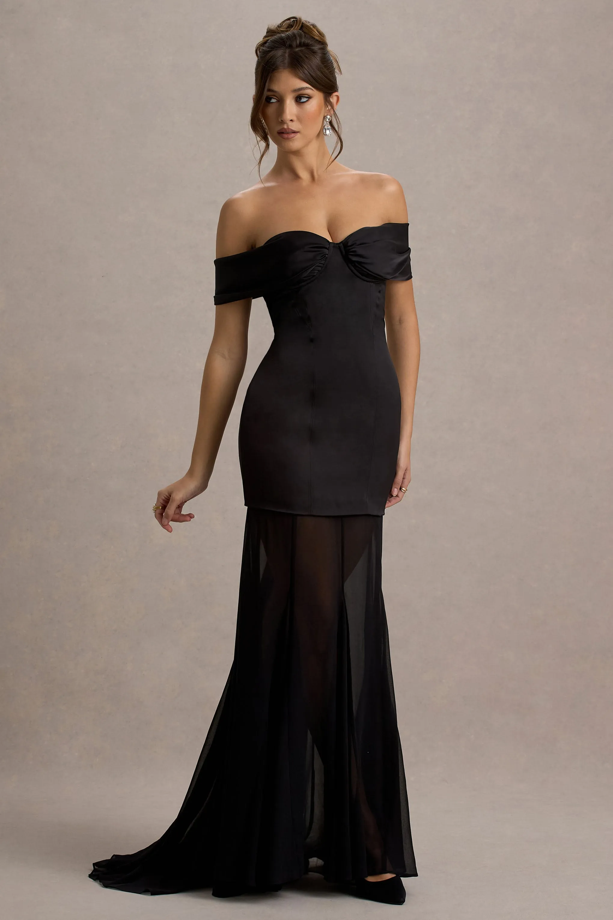 Anders | Black Satin Bardot Maxi Dress With Sheer Skirt Club L London