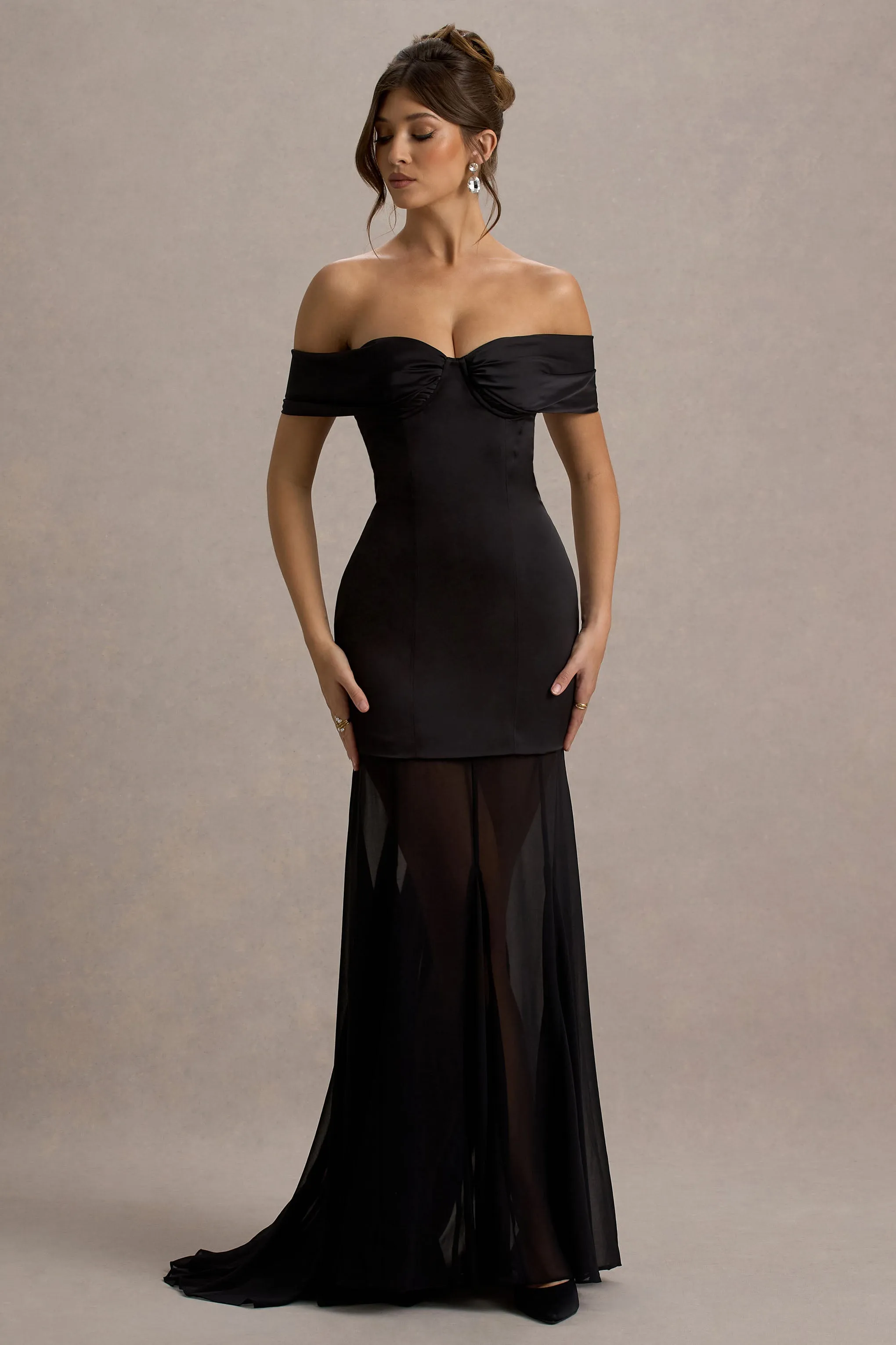 Anders | Black Satin Bardot Maxi Dress With Sheer Skirt Club L London