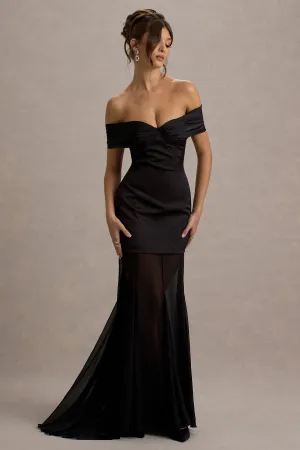 Anders | Black Satin Bardot Maxi Dress With Sheer Skirt Club L London