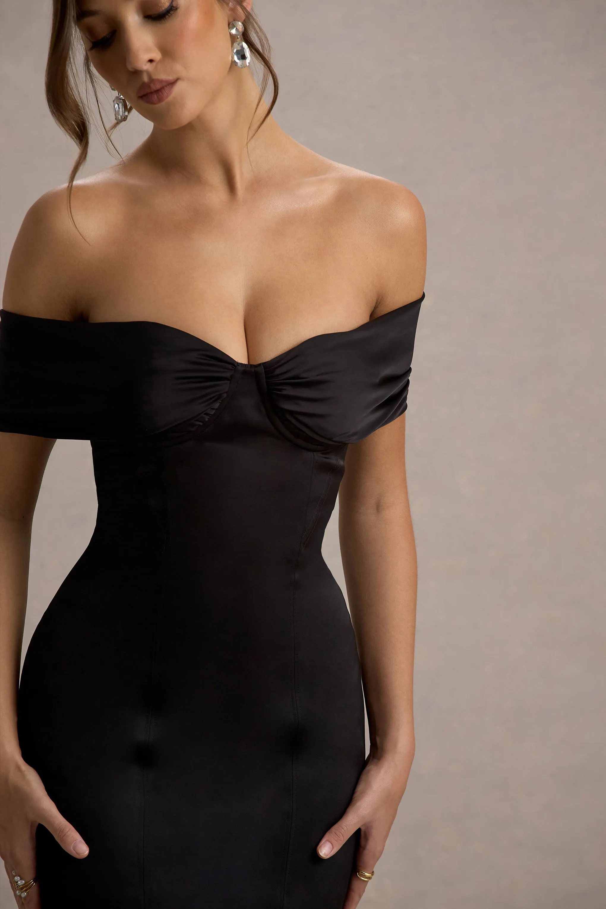 Anders | Black Satin Bardot Maxi Dress With Sheer Skirt Club L London