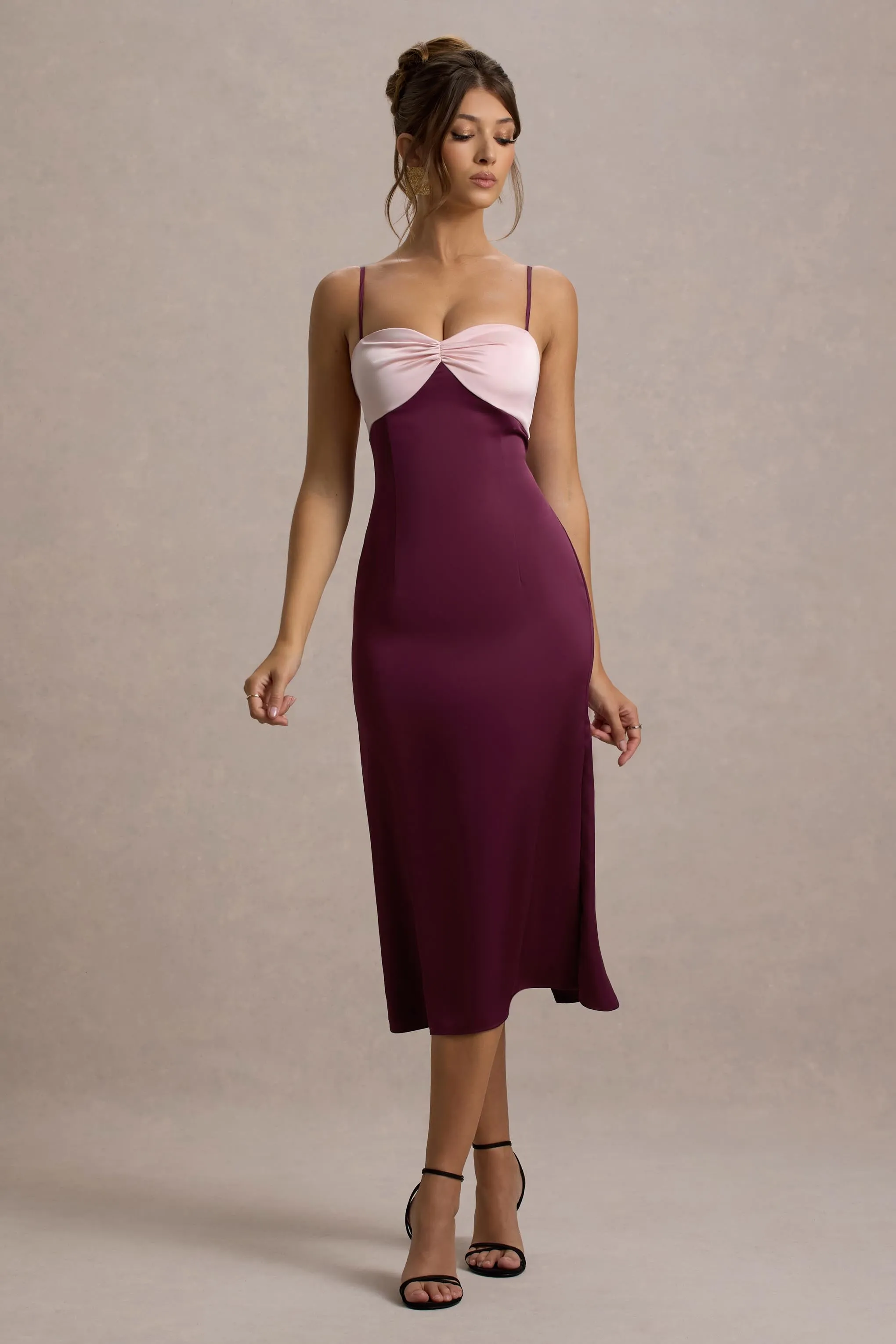 Andretti | Burgundy & Pink Satin Strappy Midi Dress Club L London