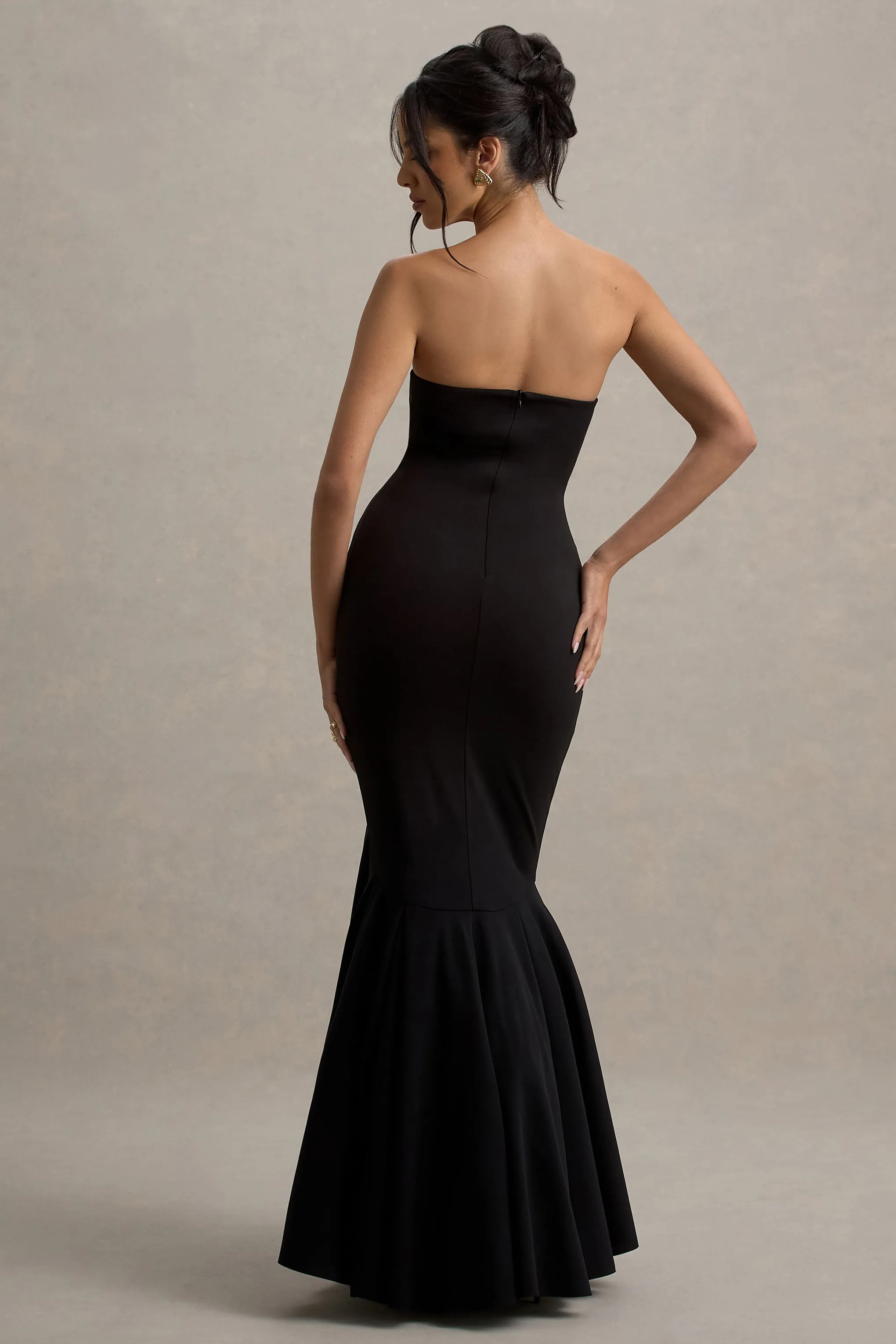 Angela | Black Bandeau Fishtail Maxi Dress Club L London