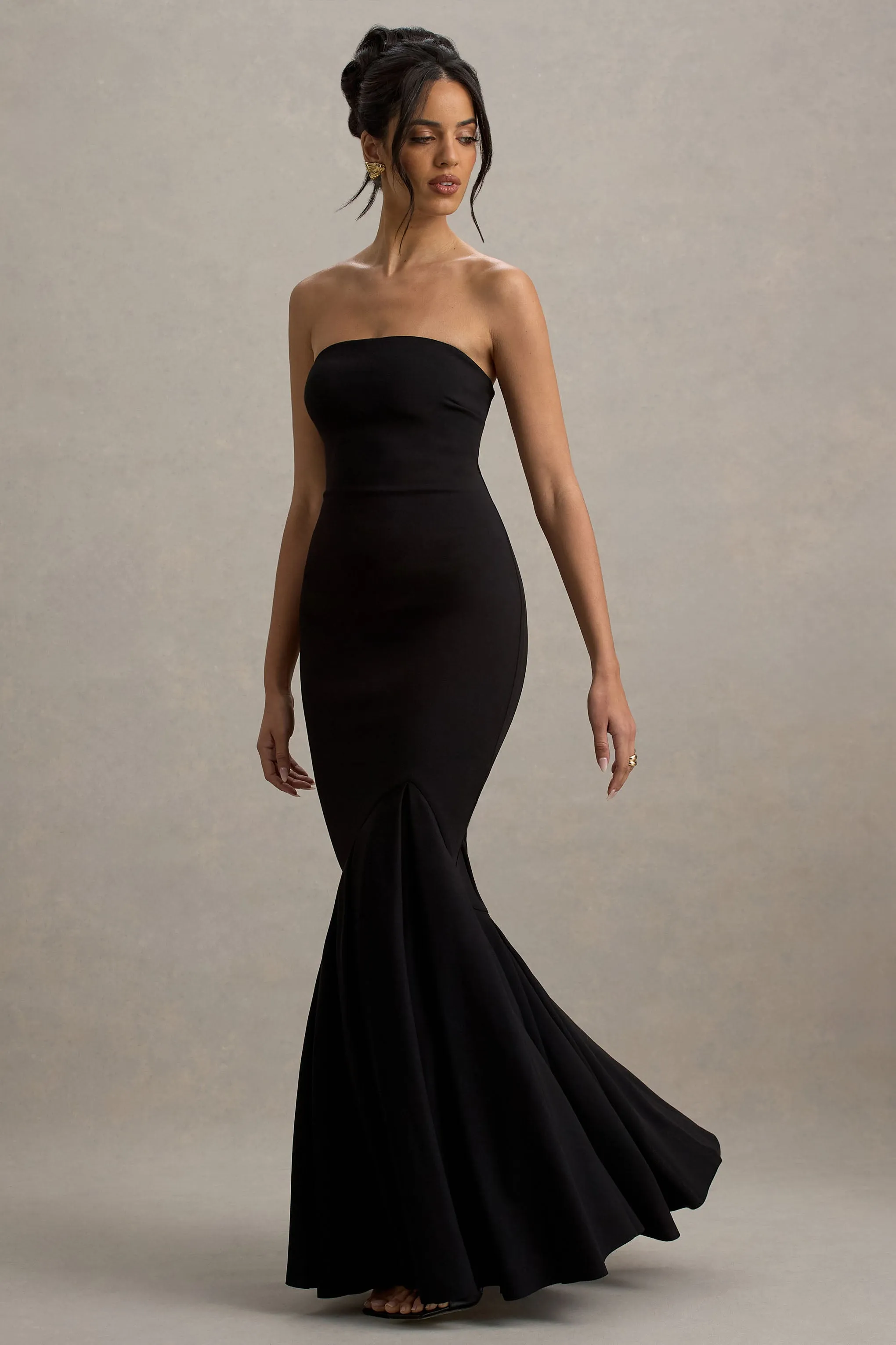 Angela | Black Bandeau Fishtail Maxi Dress Club L London