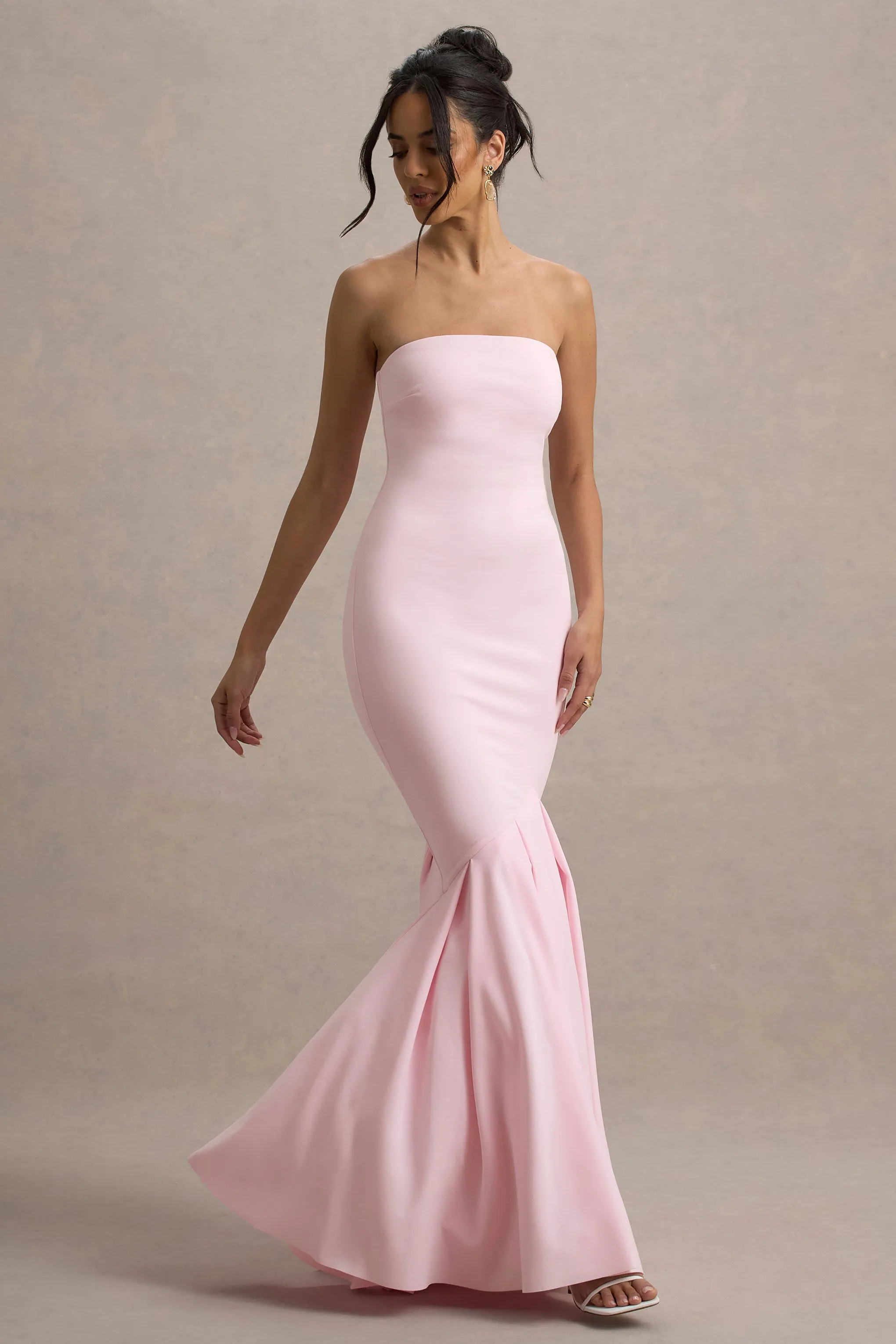 Angela | Pink Bandeau Fishtail Maxi Dress Club L London