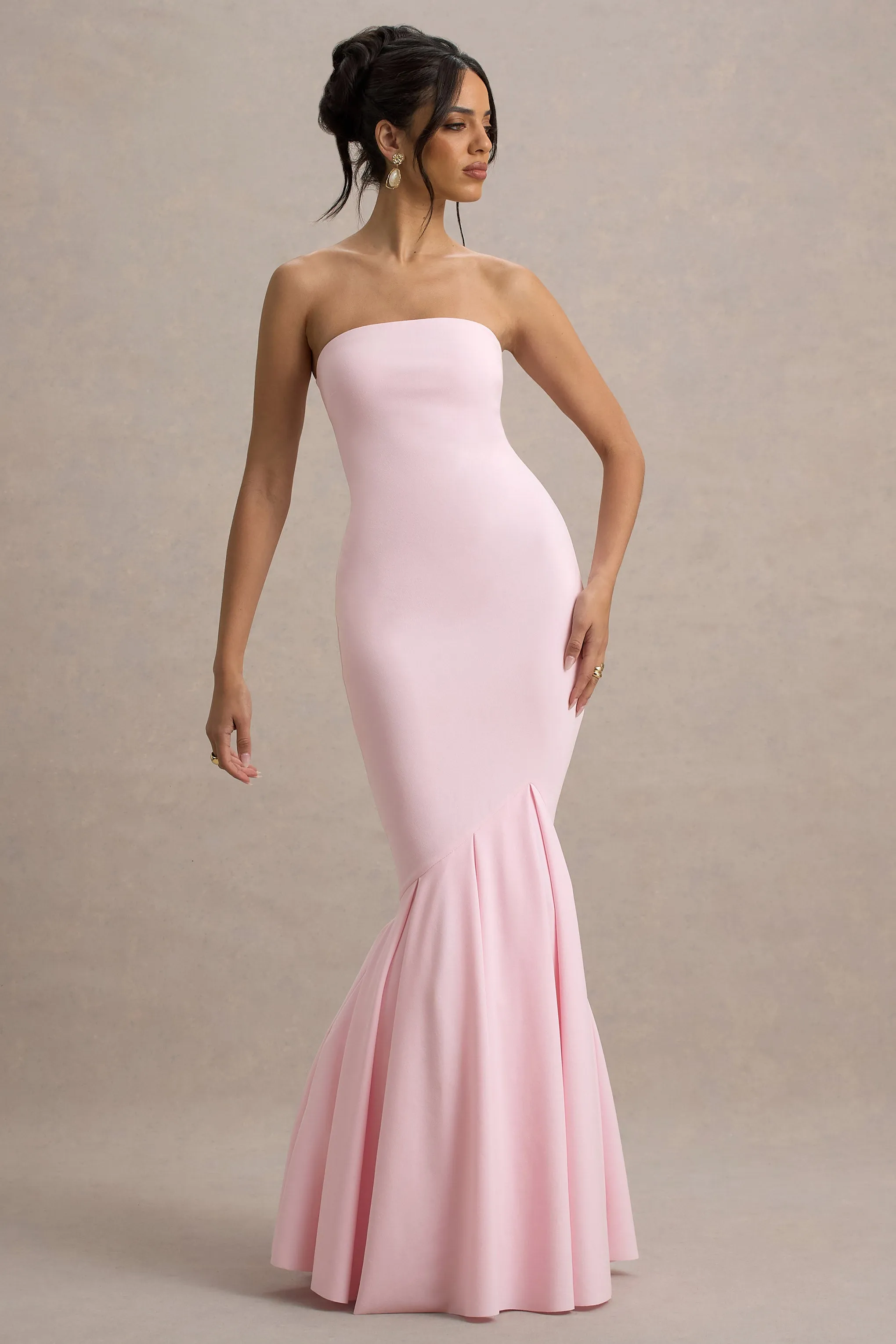Angela | Pink Bandeau Fishtail Maxi Dress Club L London
