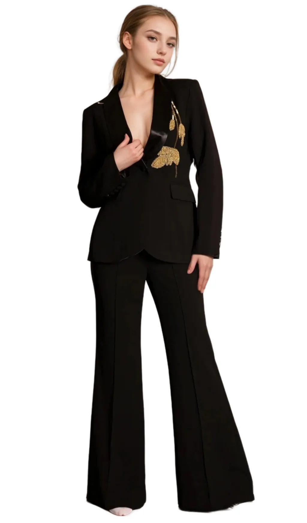 angela Primatou Black Embroidered Flared Blazer Suit Gloria Lanvin
