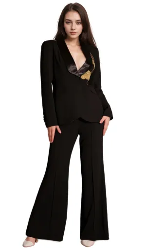 angela Primatou Black Embroidered Flared Blazer Suit Gloria Lanvin