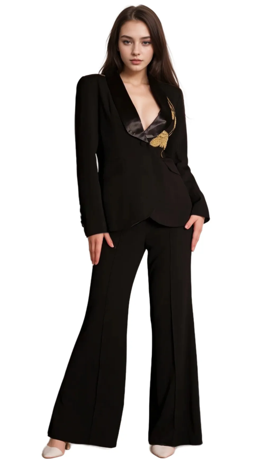 angela Primatou Black Embroidered Flared Blazer Suit Gloria Lanvin
