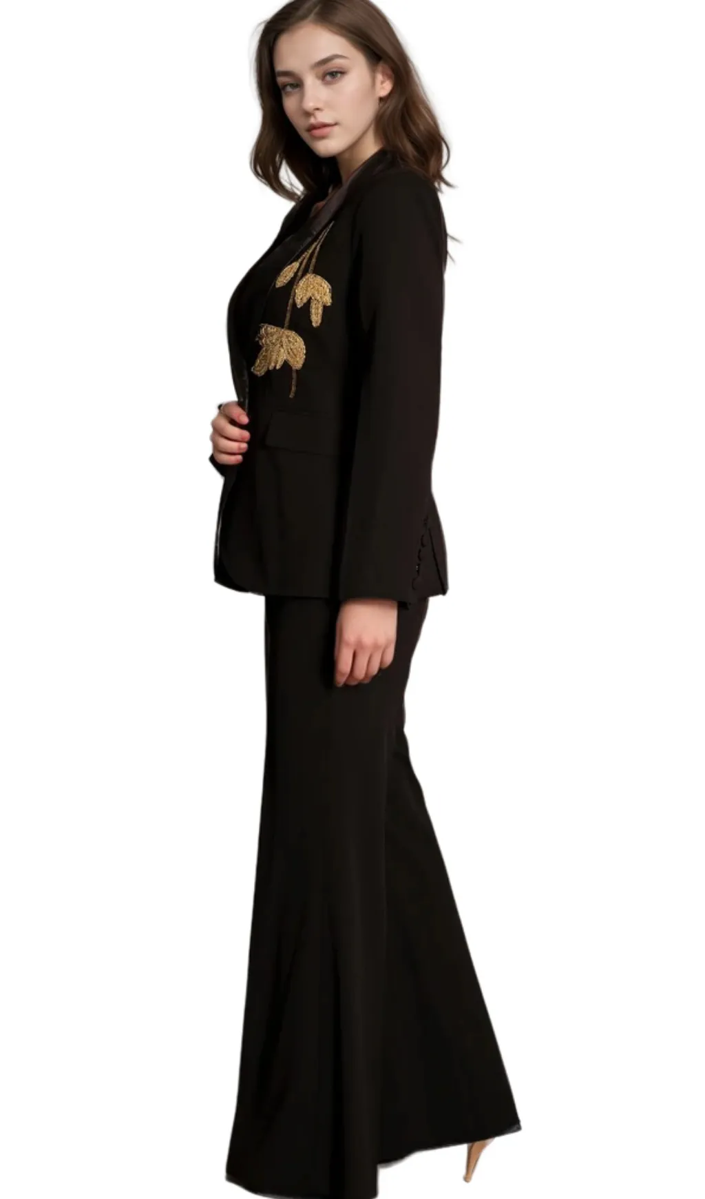 angela Primatou Black Embroidered Flared Blazer Suit Gloria Lanvin