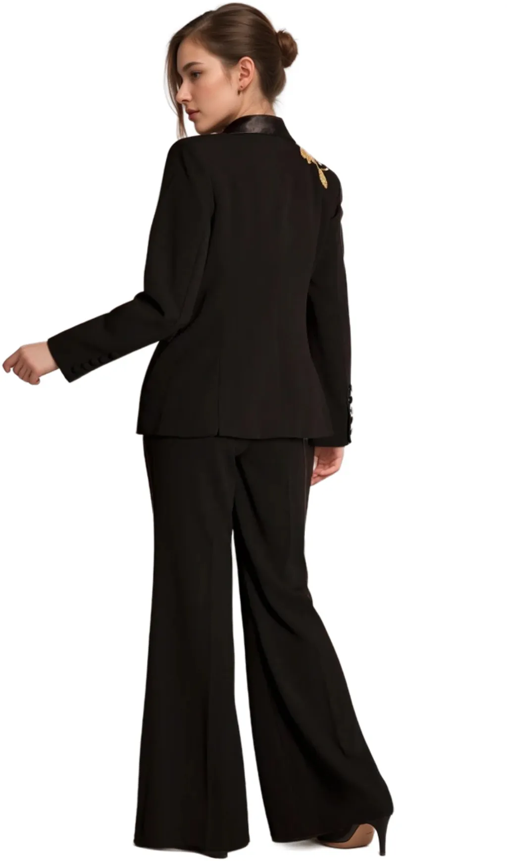 angela Primatou Black Embroidered Flared Blazer Suit Gloria Lanvin