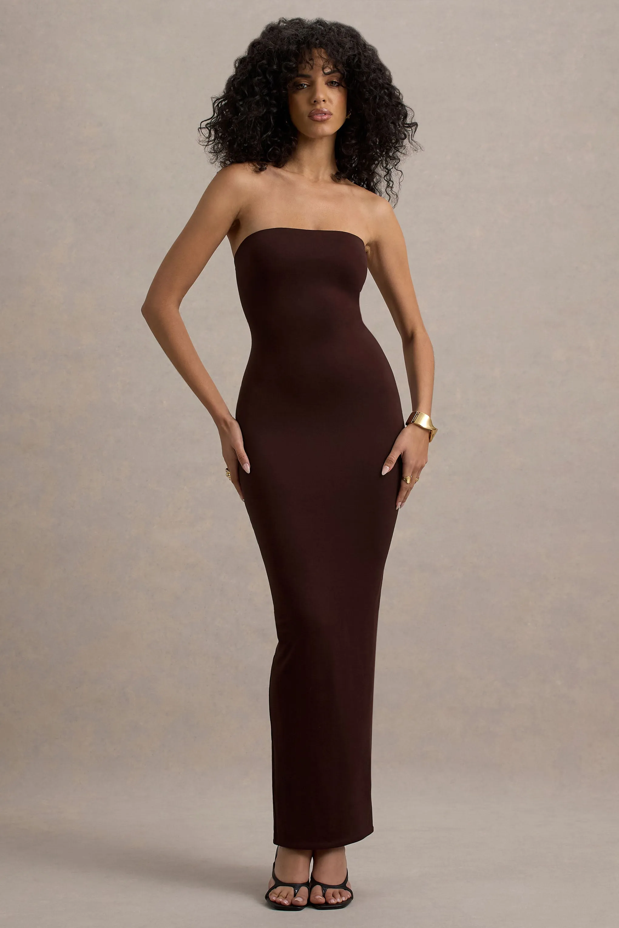 Angelie | Brown Bandeau Bodycon Maxi Dress Club L London