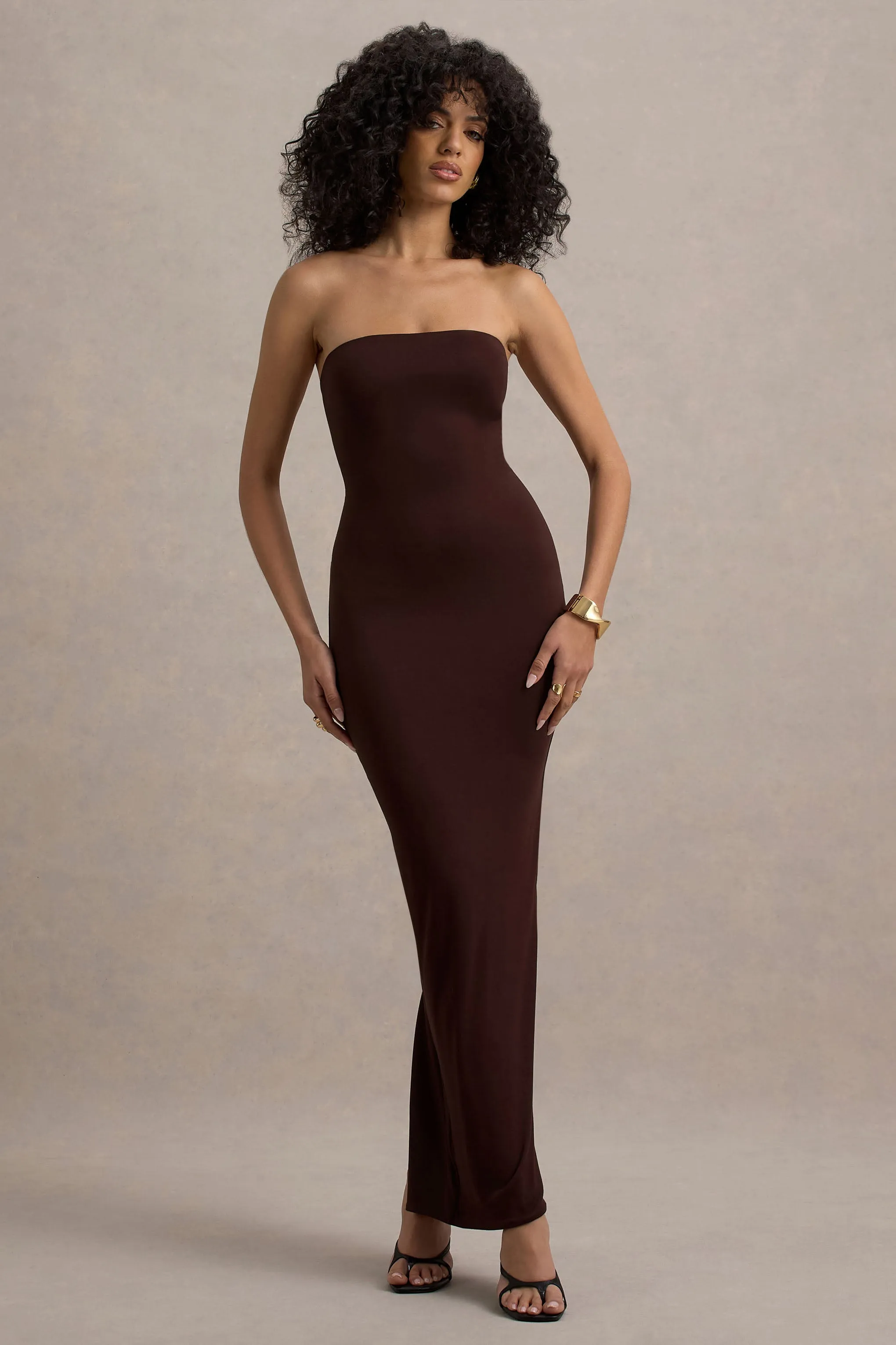 Angelie | Brown Bandeau Bodycon Maxi Dress Club L London