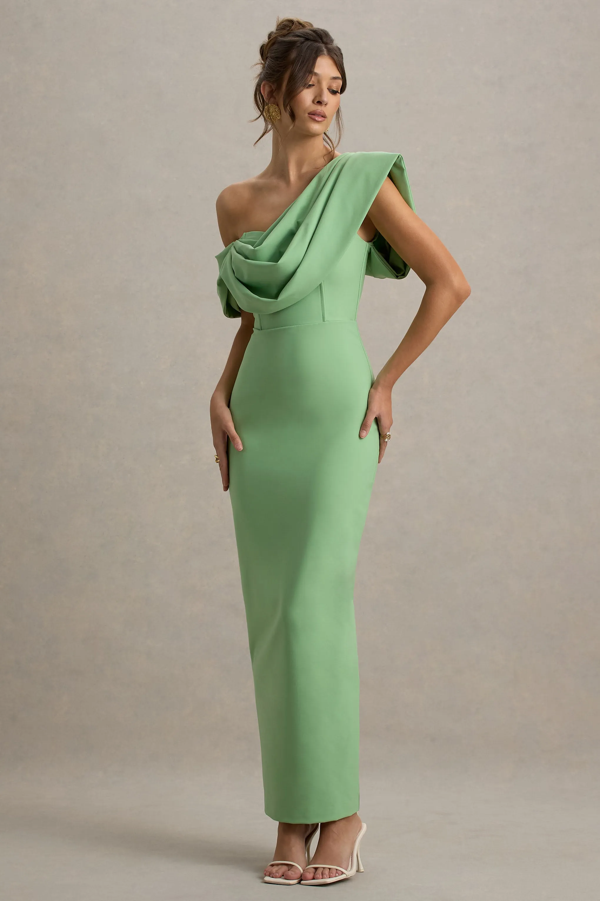 Angelina | Green Draped Shoulder Maxi Dress Club L London