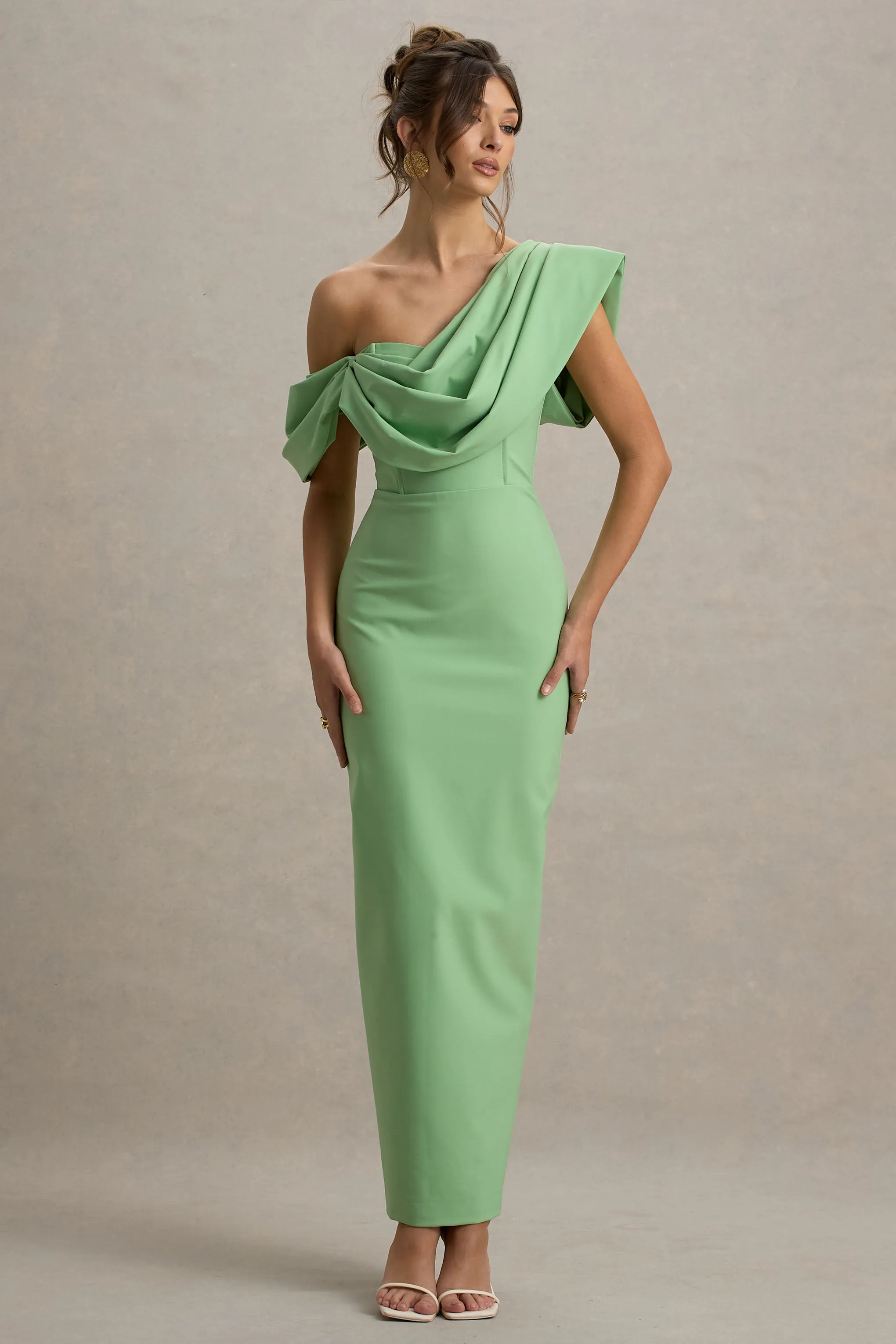Angelina | Green Draped Shoulder Maxi Dress Club L London