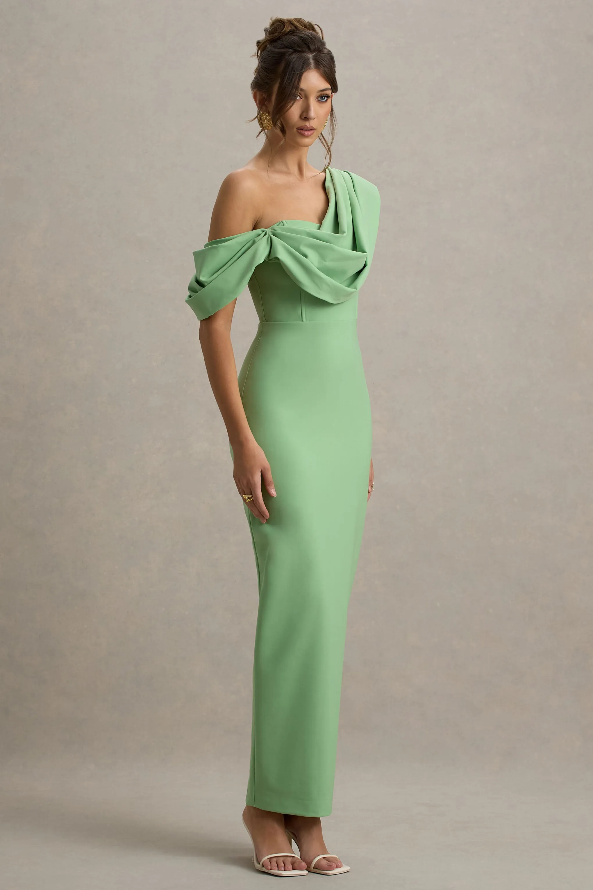 Angelina | Green Draped Shoulder Maxi Dress Club L London