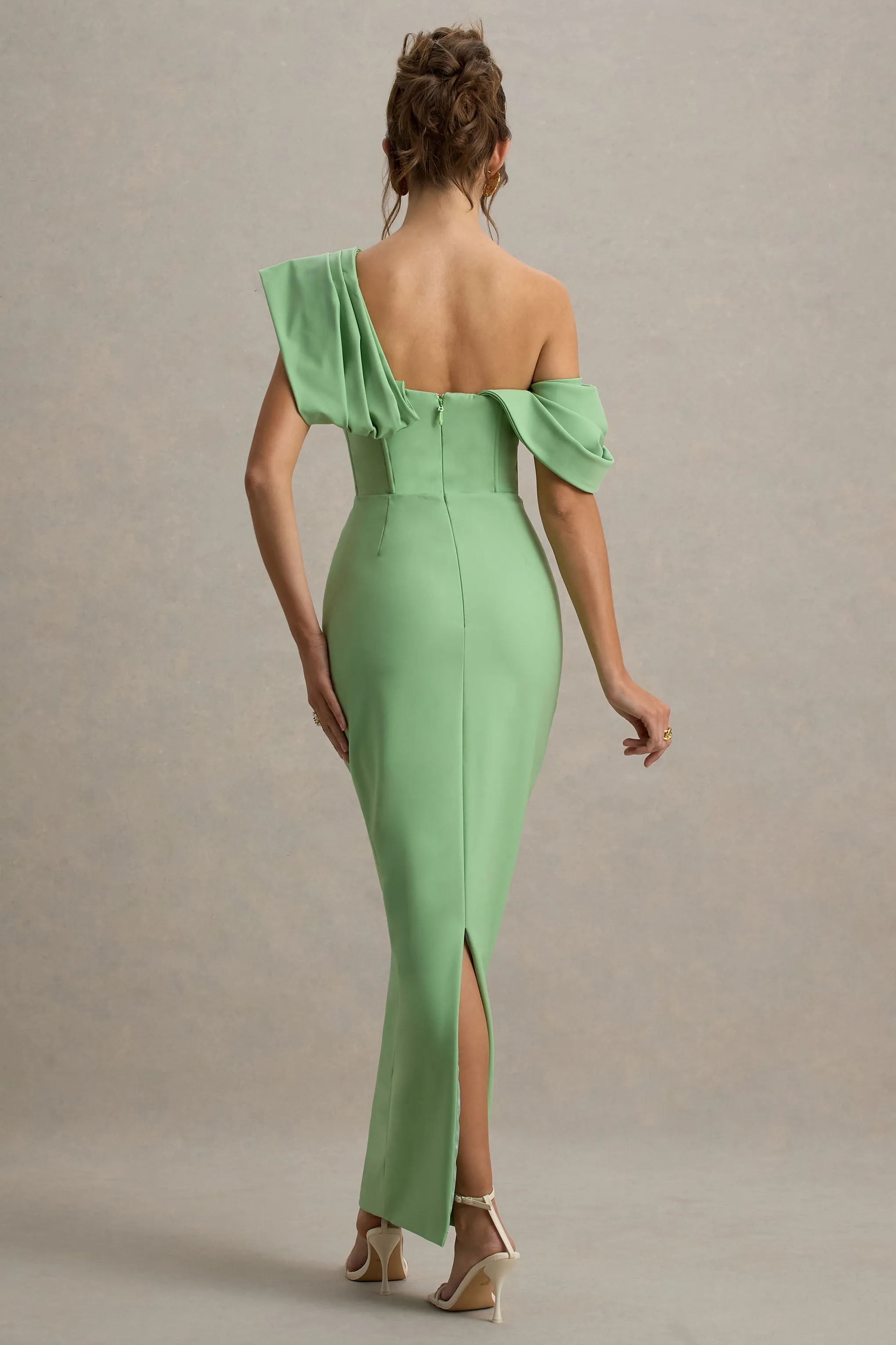 Angelina | Green Draped Shoulder Maxi Dress Club L London