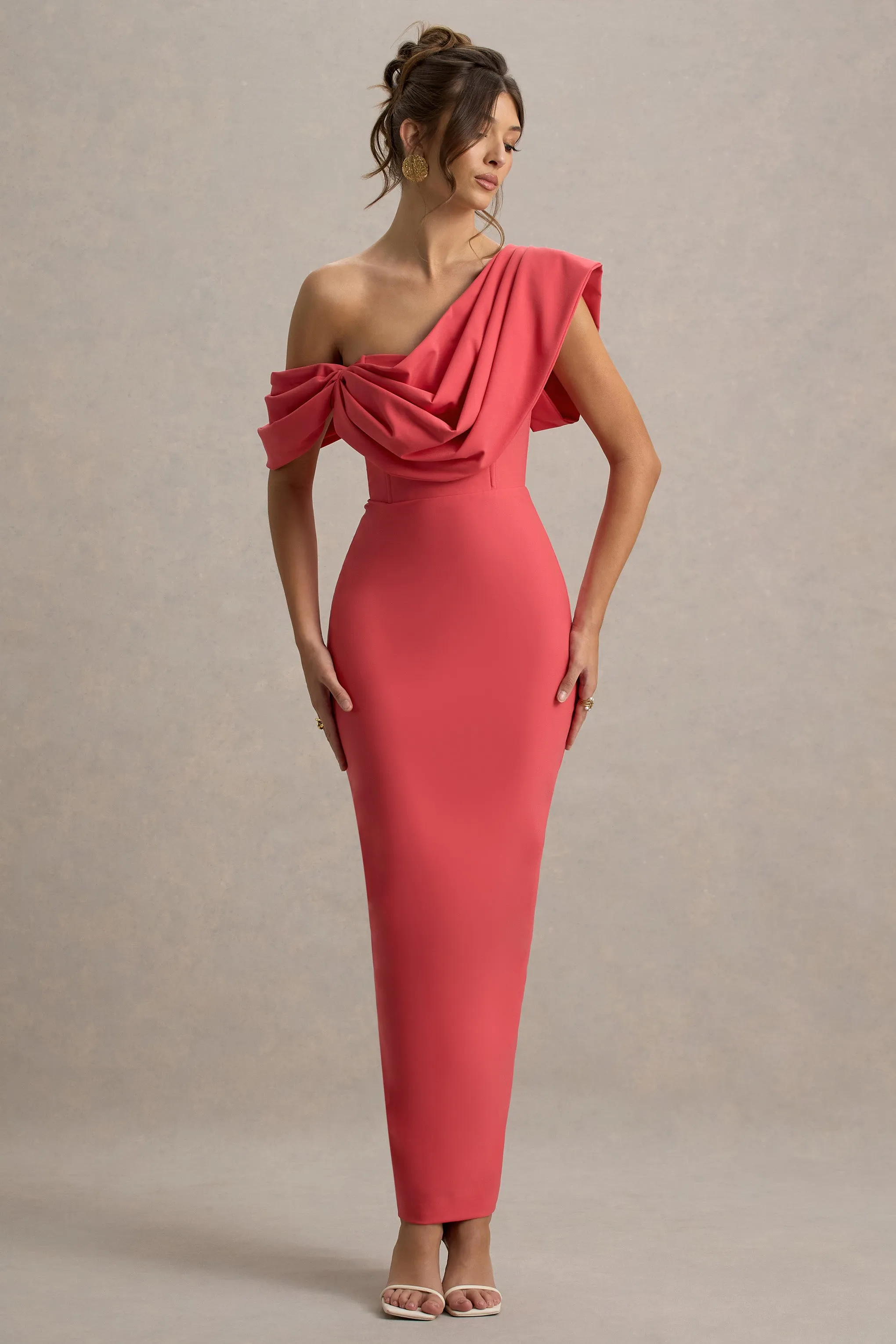 Angelina | Pink Draped Shoulder Maxi Dress Club L London