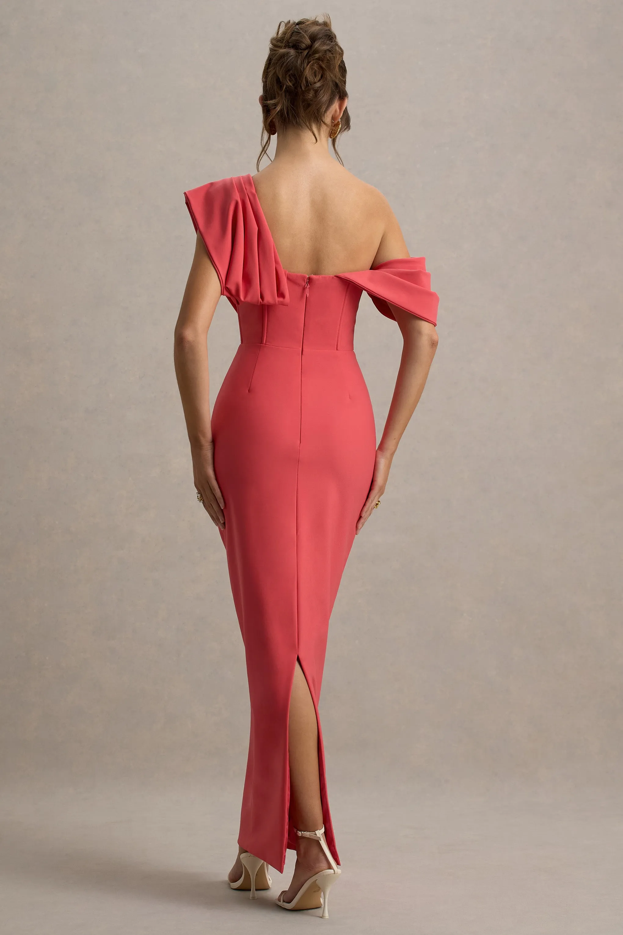 Angelina | Pink Draped Shoulder Maxi Dress Club L London