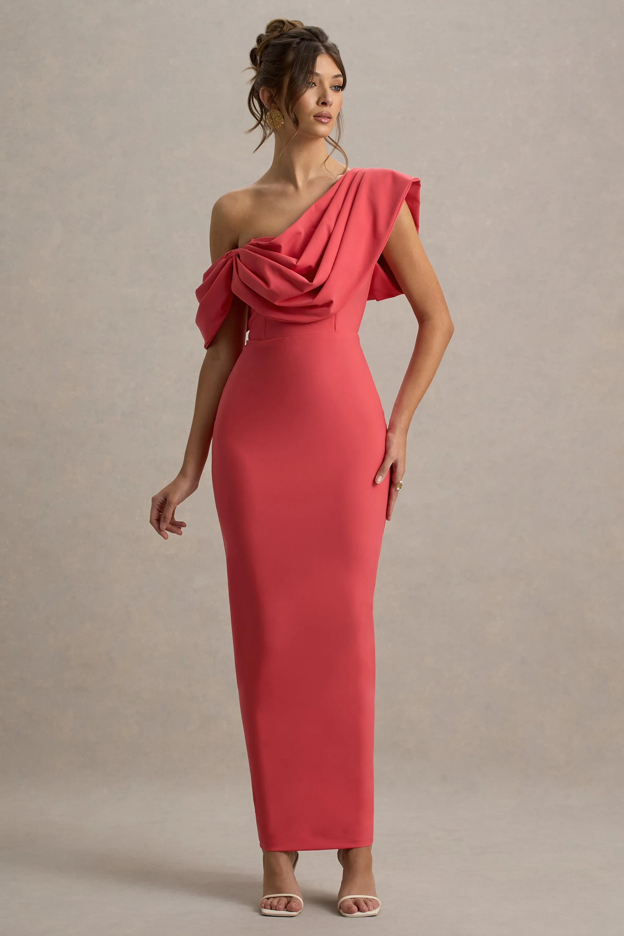 Angelina | Pink Draped Shoulder Maxi Dress Club L London