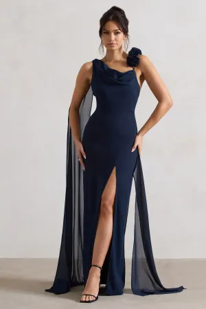 Angeline | Navy Chiffon Draped Split Maxi Dress With Corsages Club L London